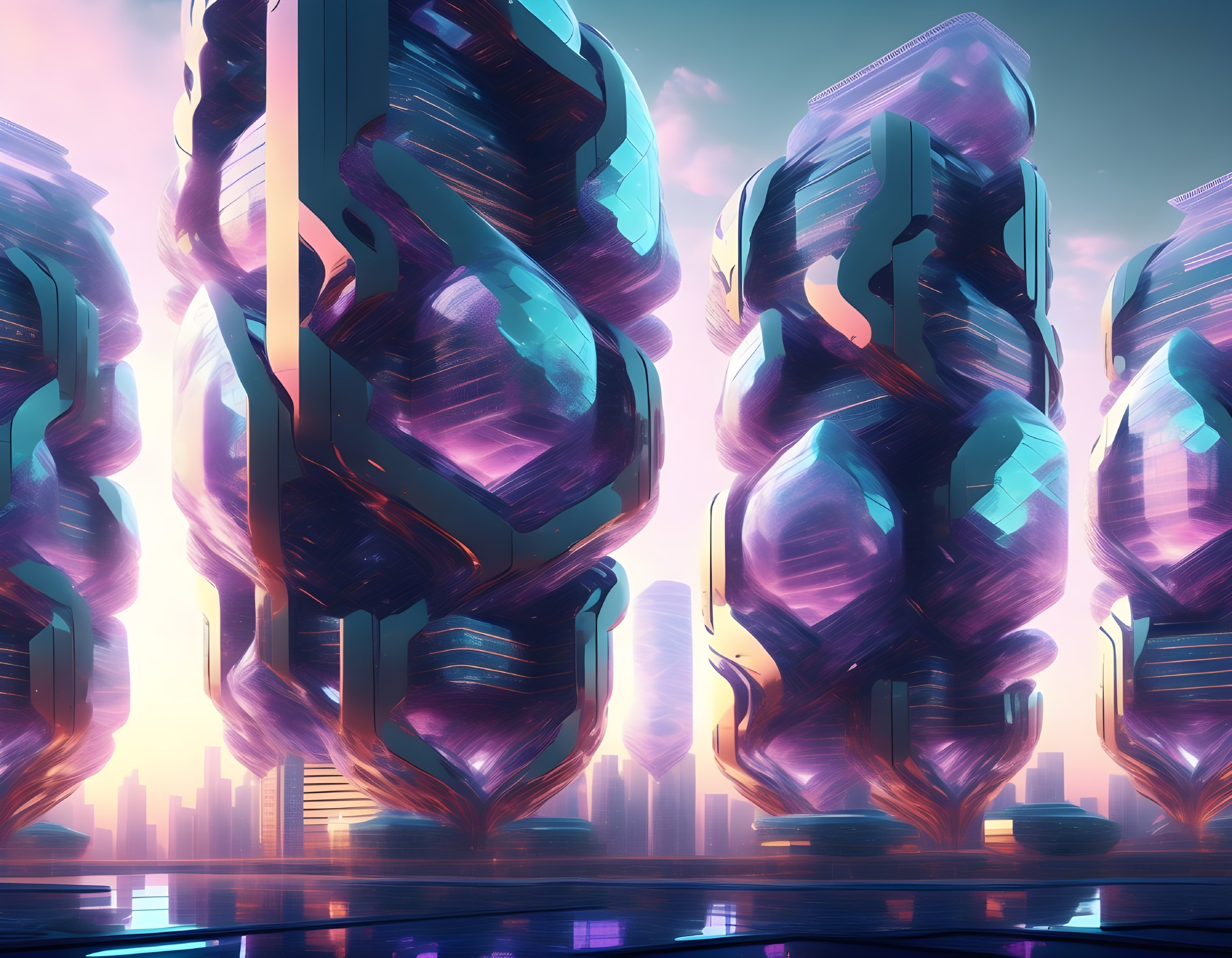 Futuristic Skyscrapers in Purple and Blue Dusk Landscape