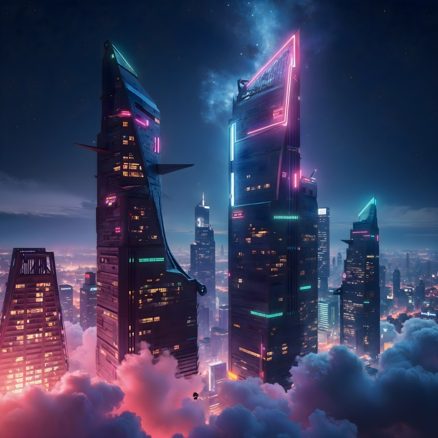 Futuristic skyline with neon lights and skyscrapers