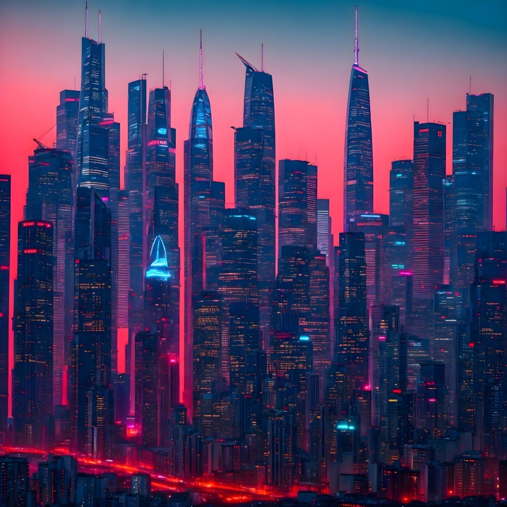 Futuristic Neon Skyline at Dusk with Skyscrapers