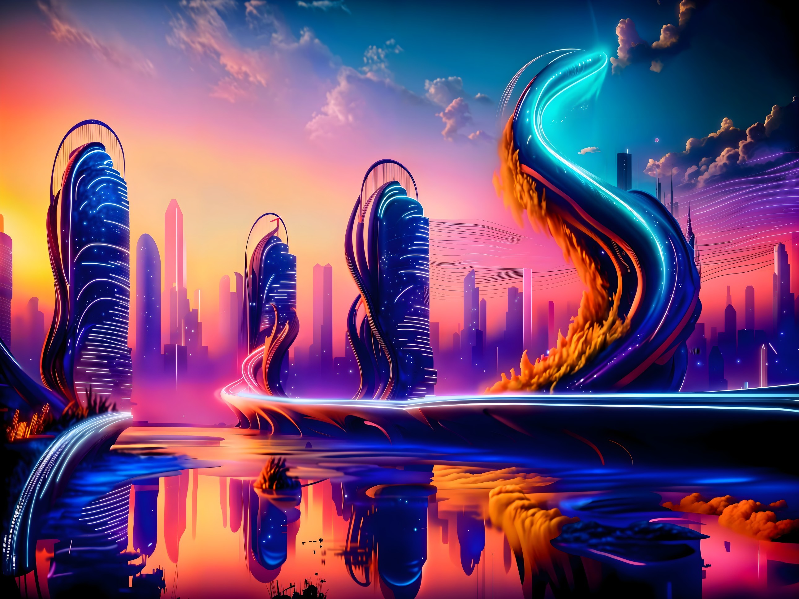 Futuristic cityscape at sunset with neon colors