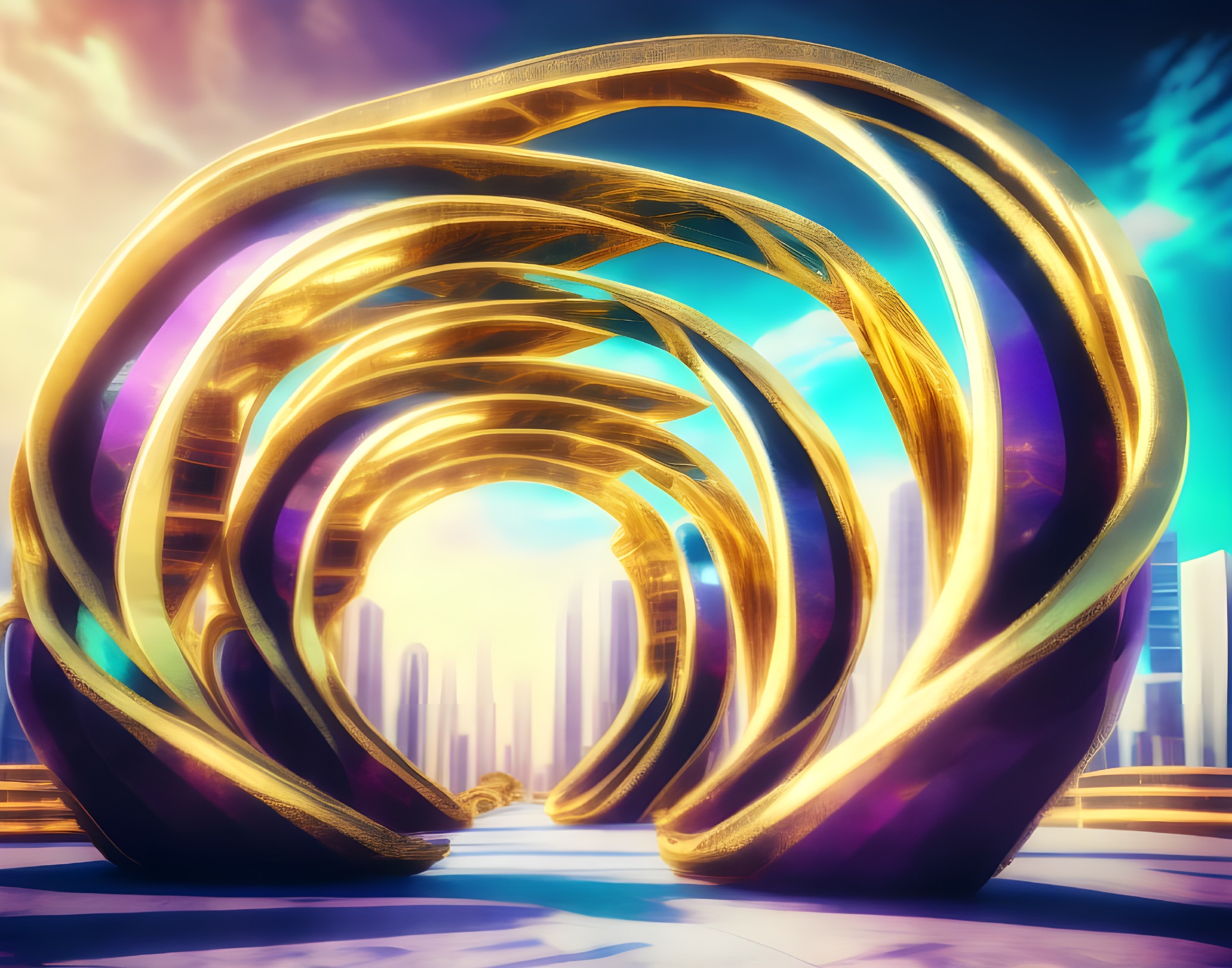 Futuristic architecture with golden arches and skyline