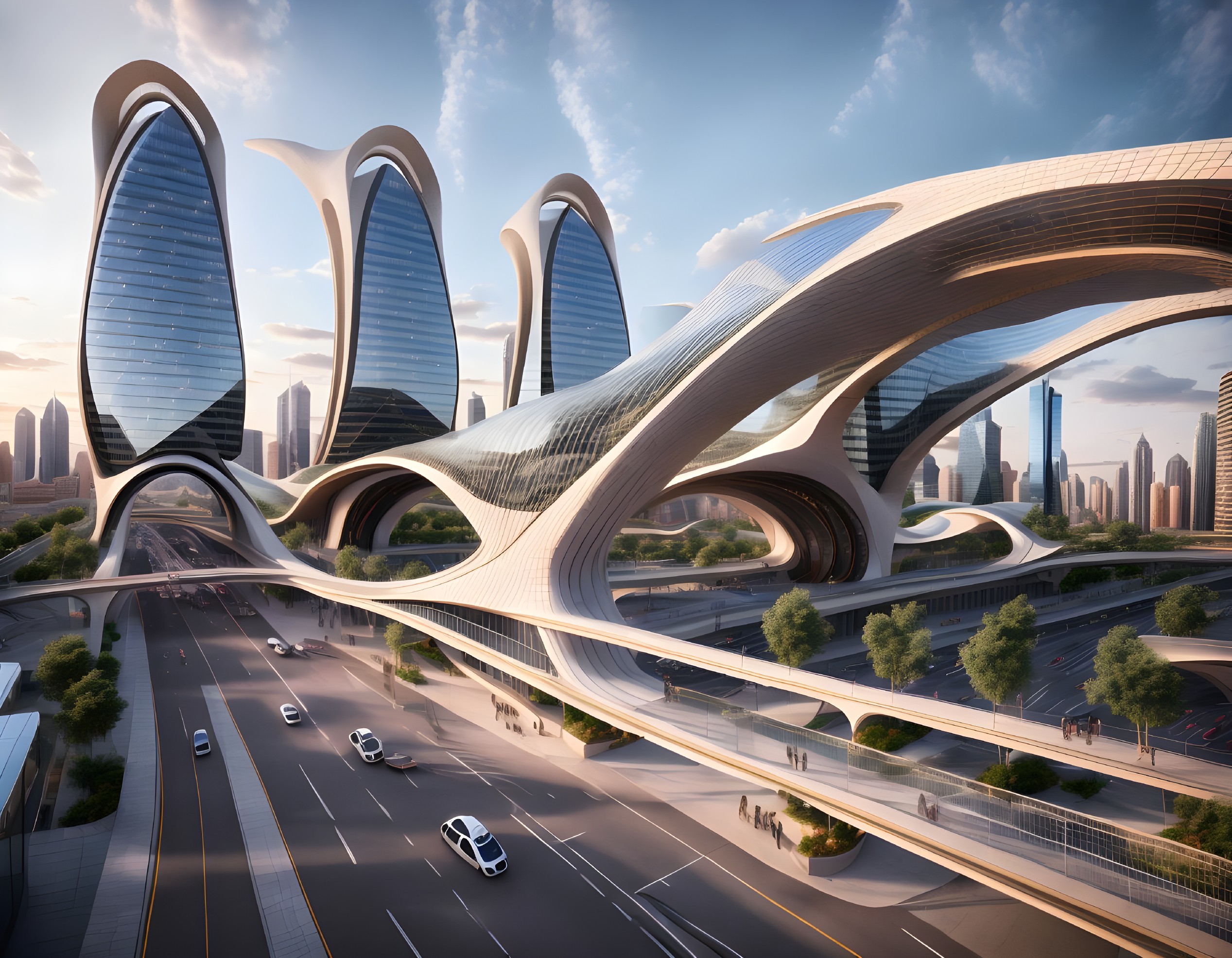 Futuristic cityscape with sleek skyscrapers and green spaces