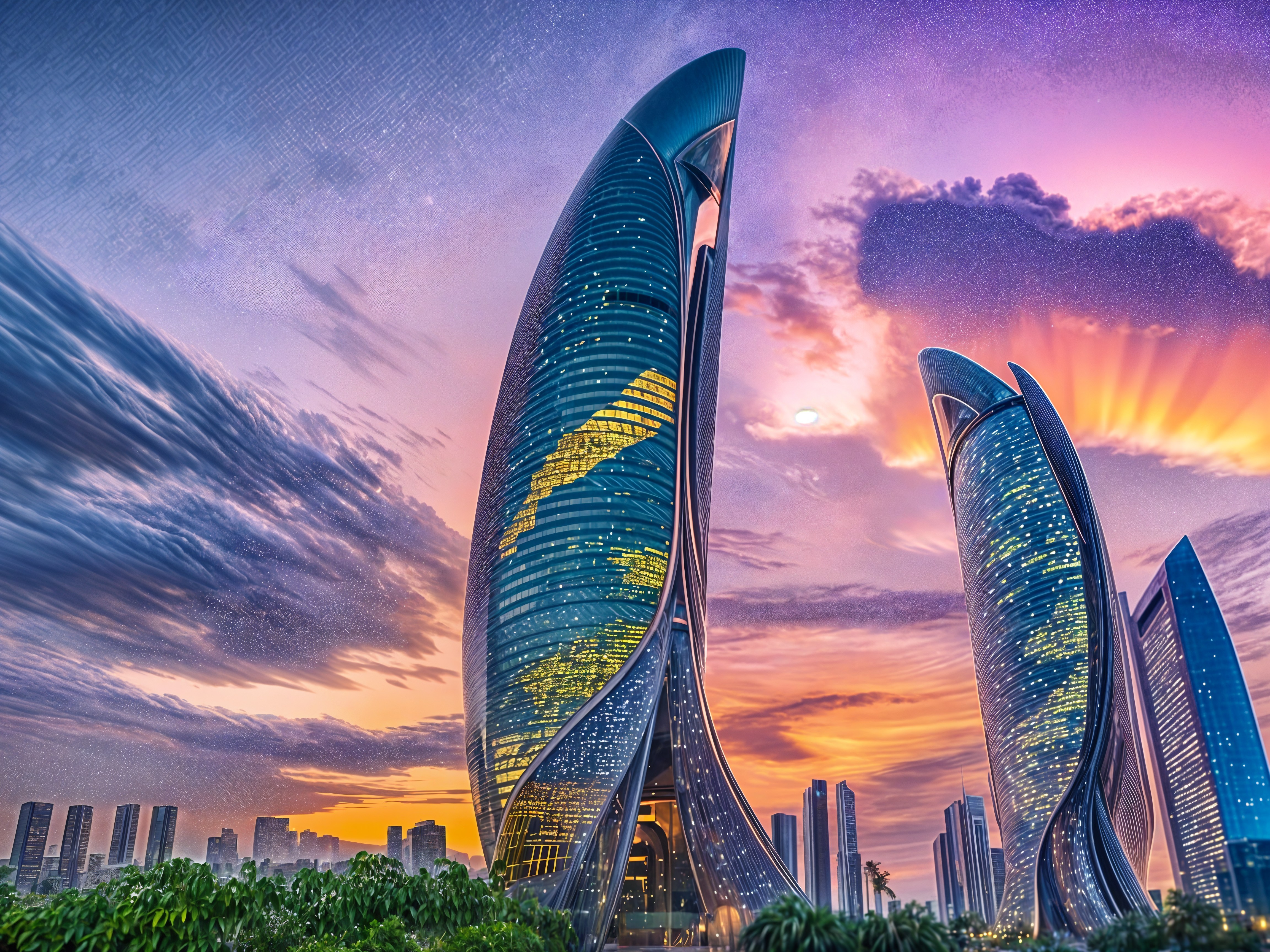 Futuristic Skyline with Curved Skyscrapers at Sunset