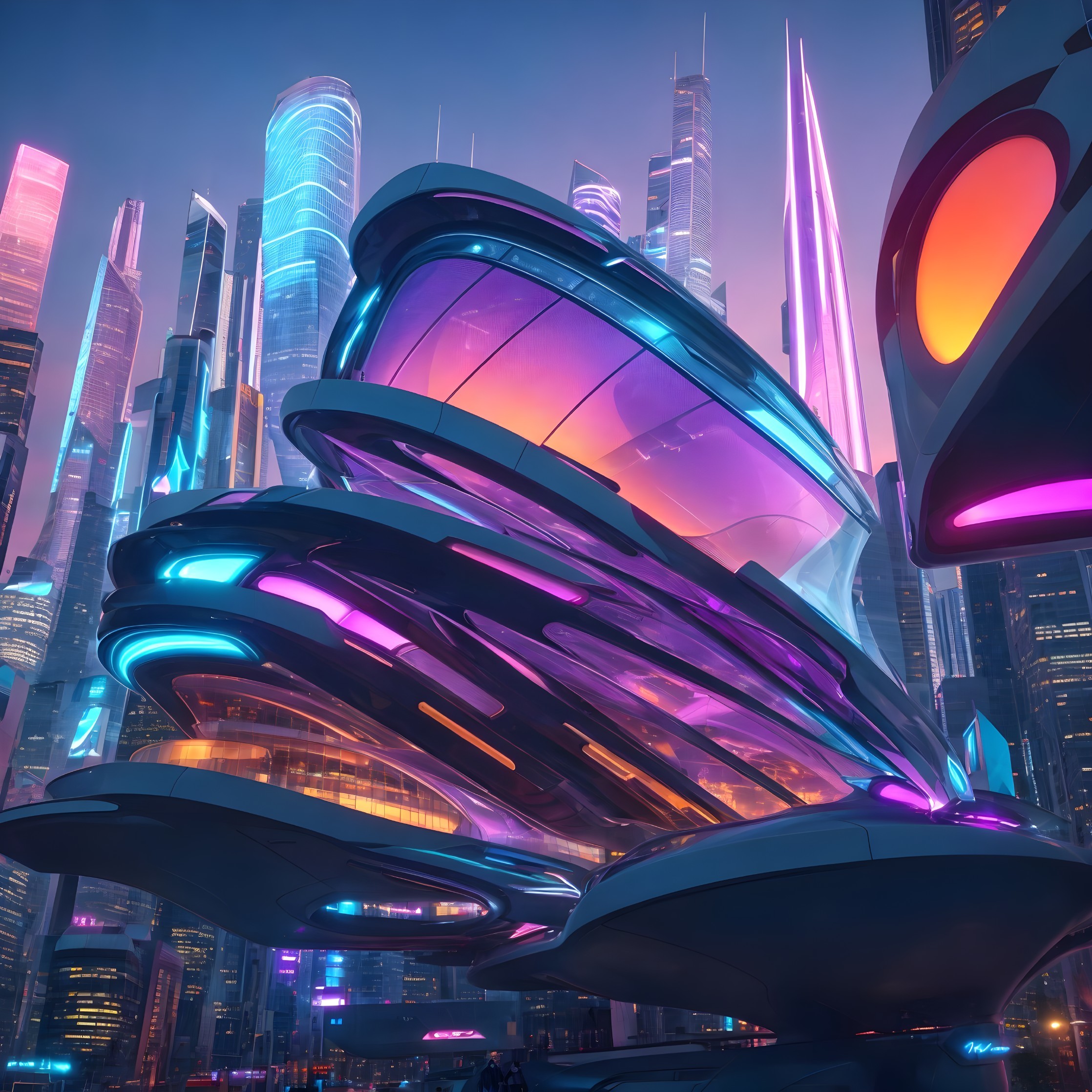 Futuristic Cityscape with Sleek, Vibrant Architecture