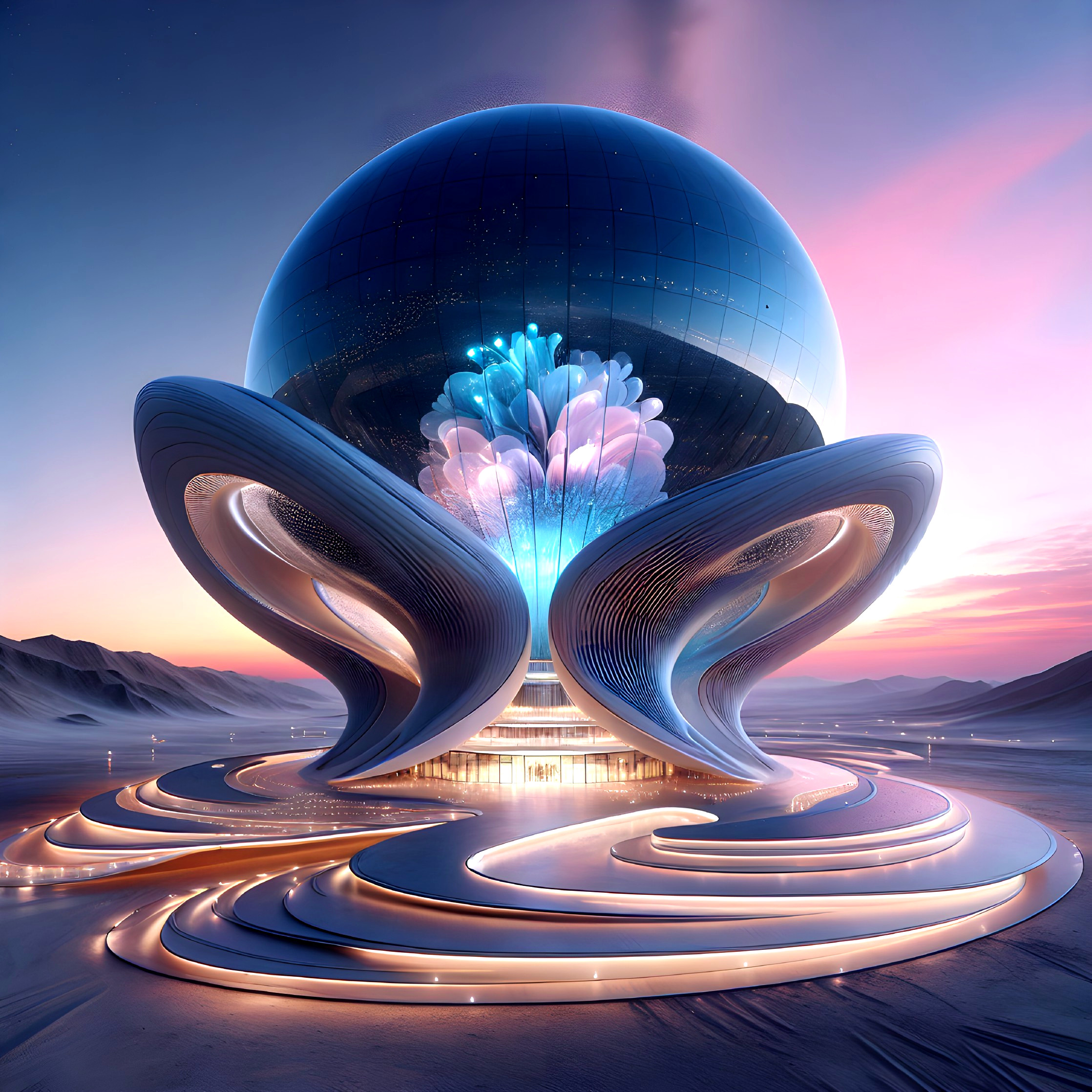 Futuristic Glass Orb Structure in Desert Landscape