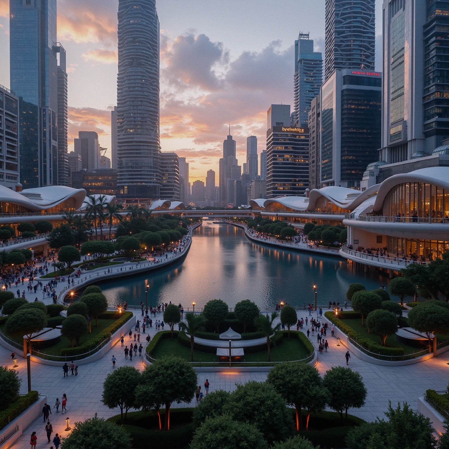 Vibrant Urban Landscape at Dusk with City Skyline