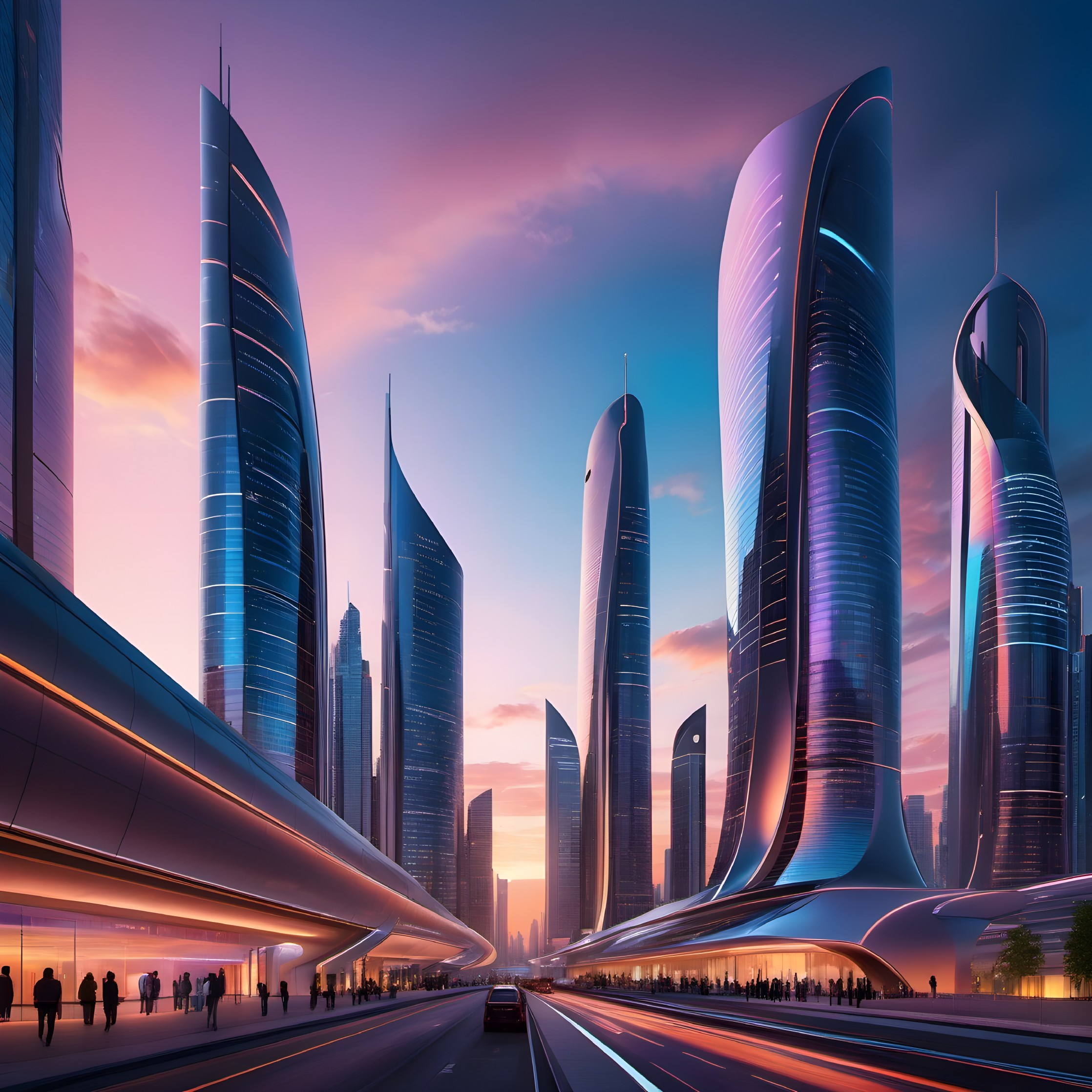 Futuristic cityscape with skyscrapers and sunset hues