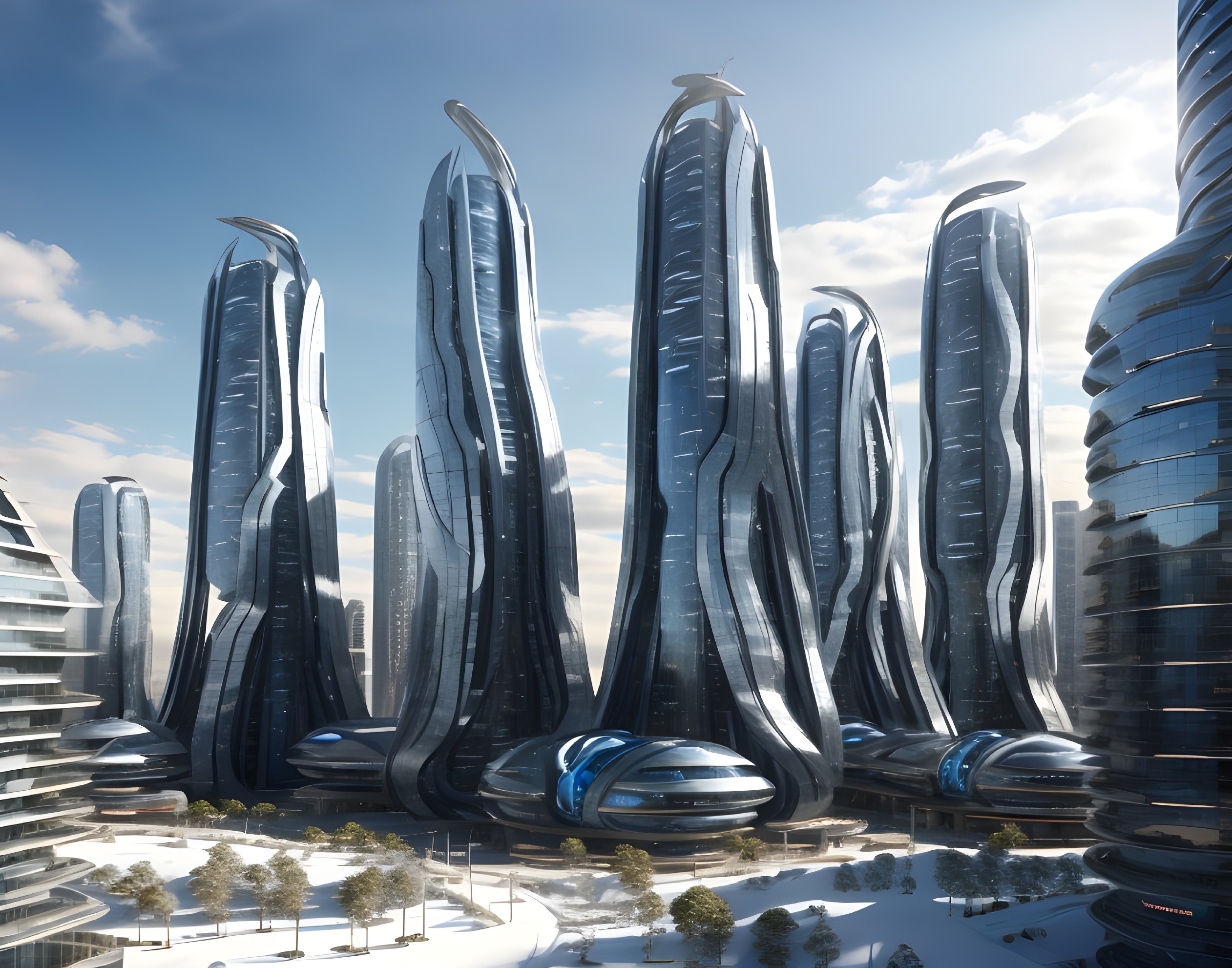 Futuristic cityscape with sleek skyscrapers and green spaces