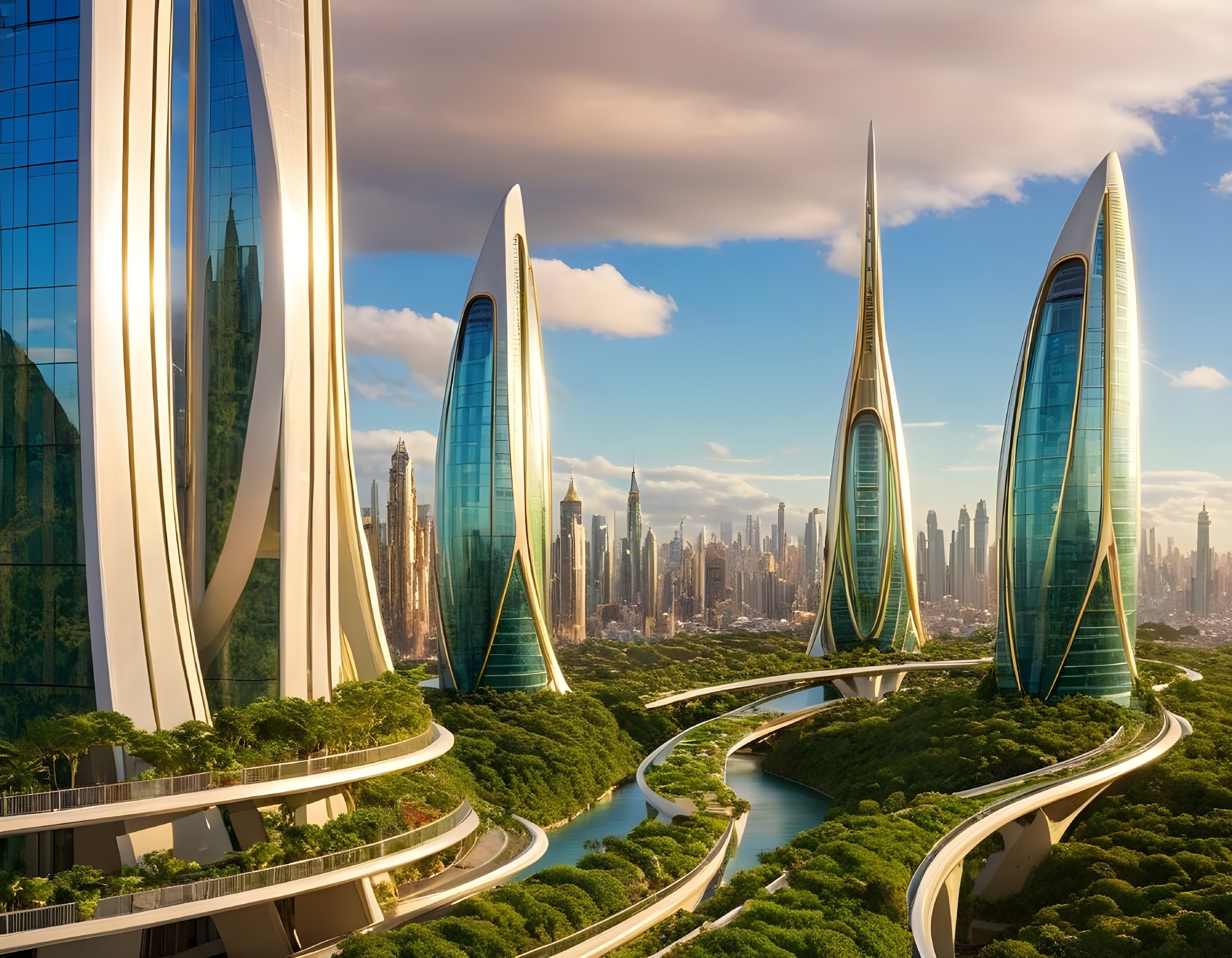 Futuristic Skyscrapers with Curved Designs and Greenery