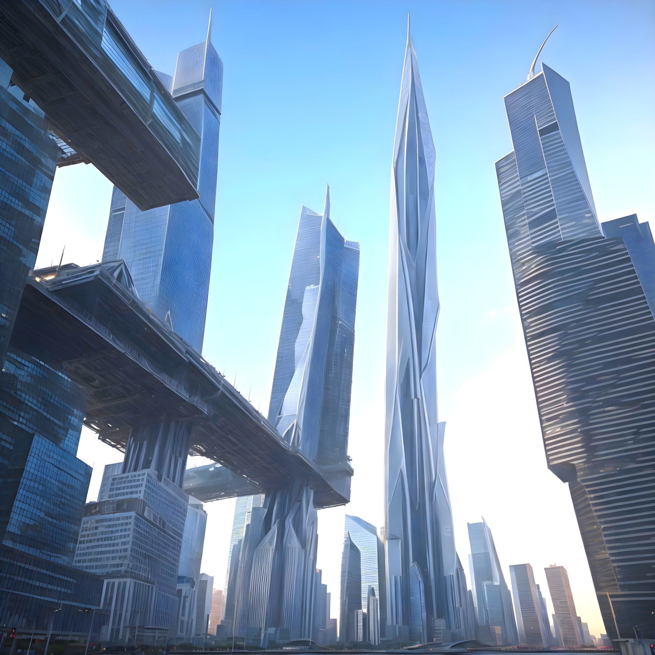 Futuristic Cityscape with Glass Skyscrapers and Bridges