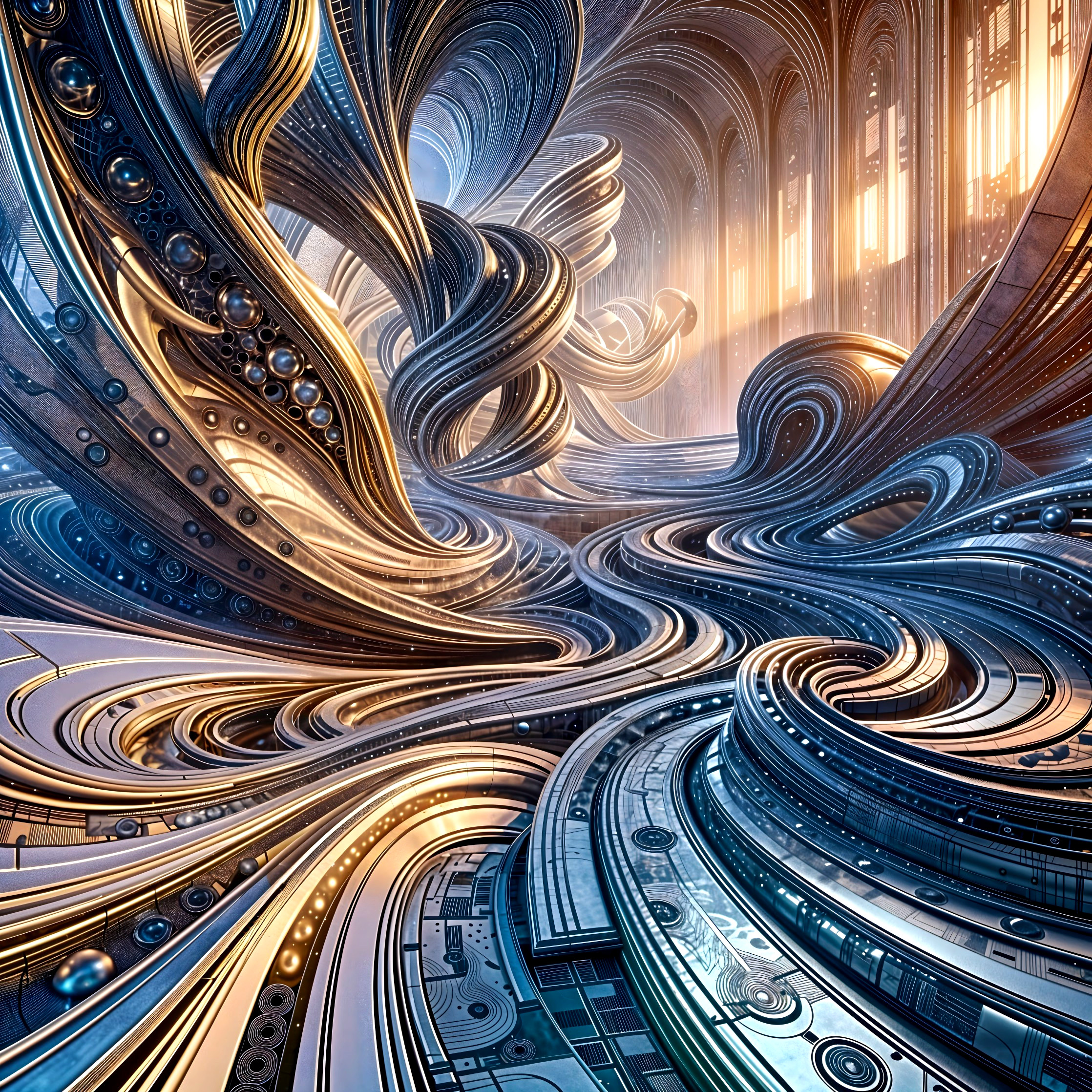 Surreal Landscape with Metallic Structures and Light