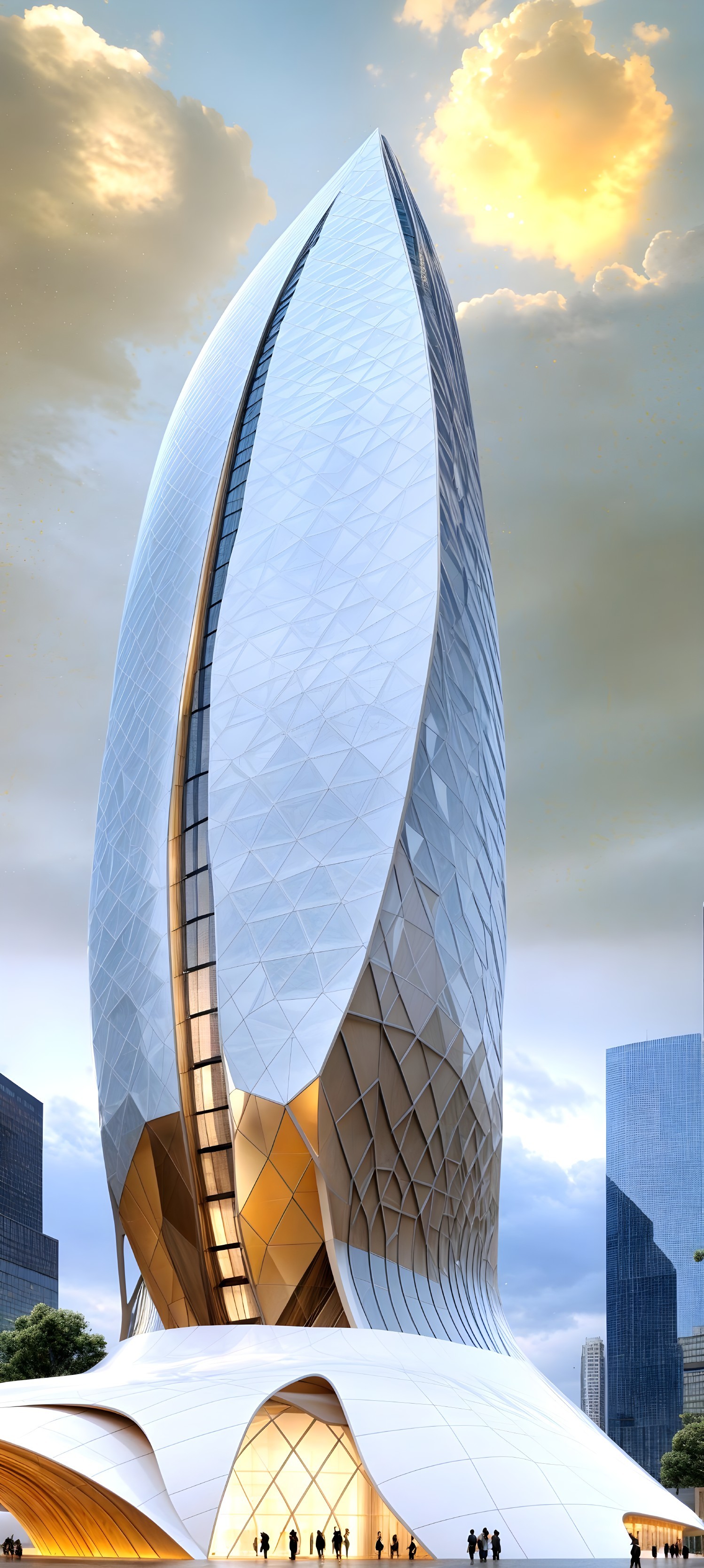 Futuristic Skyscraper with Sleek Leaf-Like Design