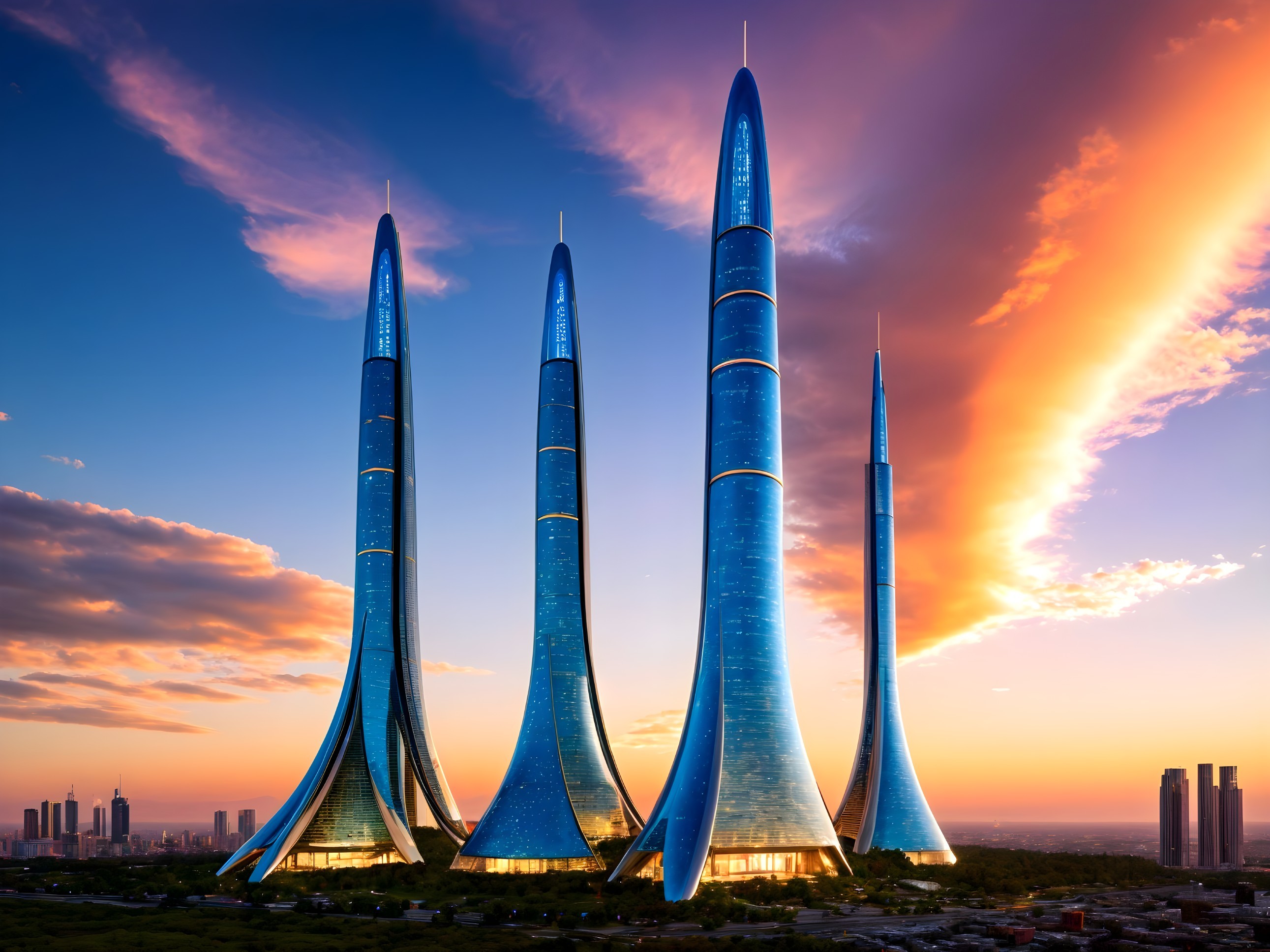 Futuristic Skyline with Blue Towers at Sunset