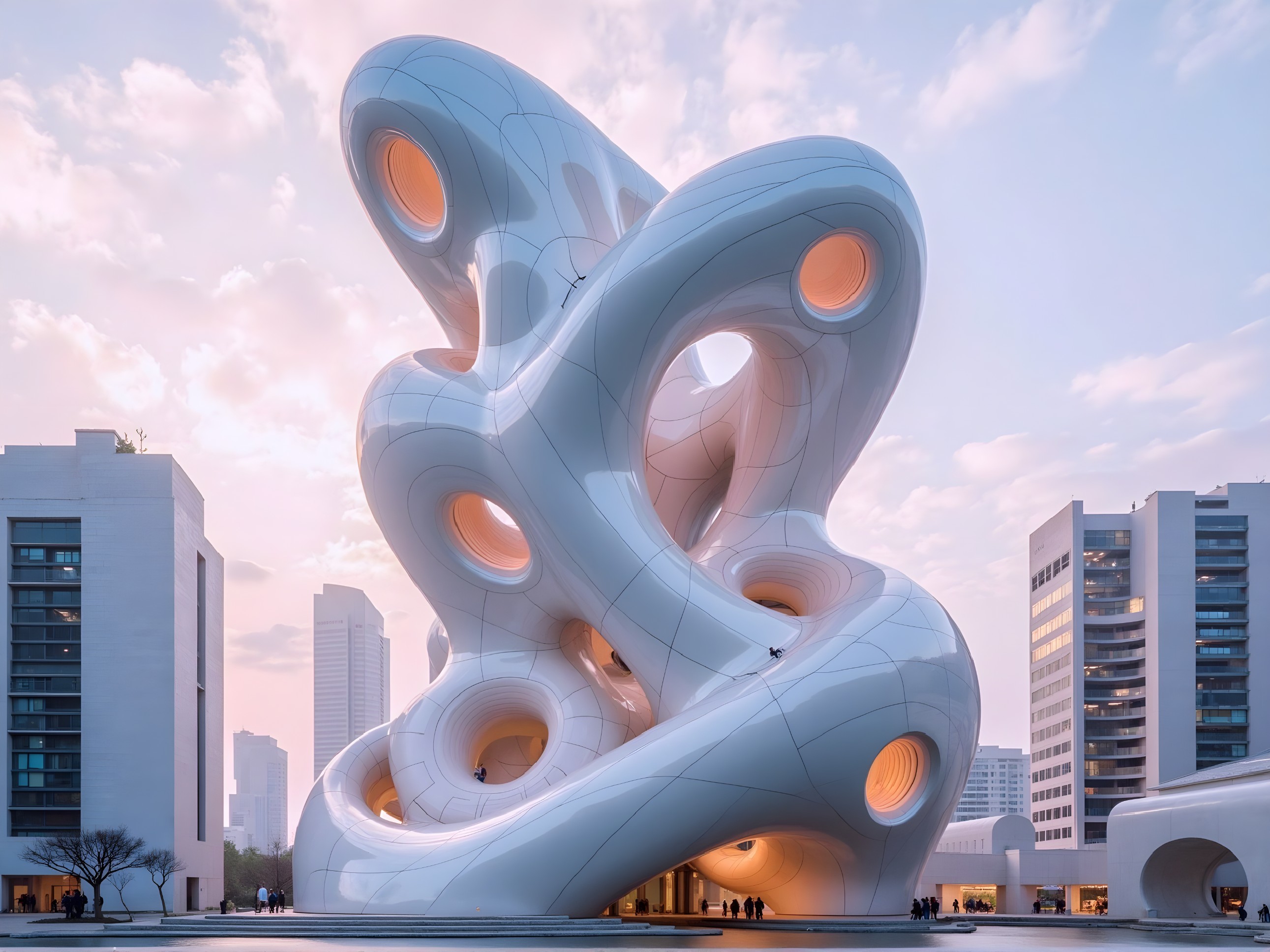 Futuristic structure with organic shapes against pastel sky