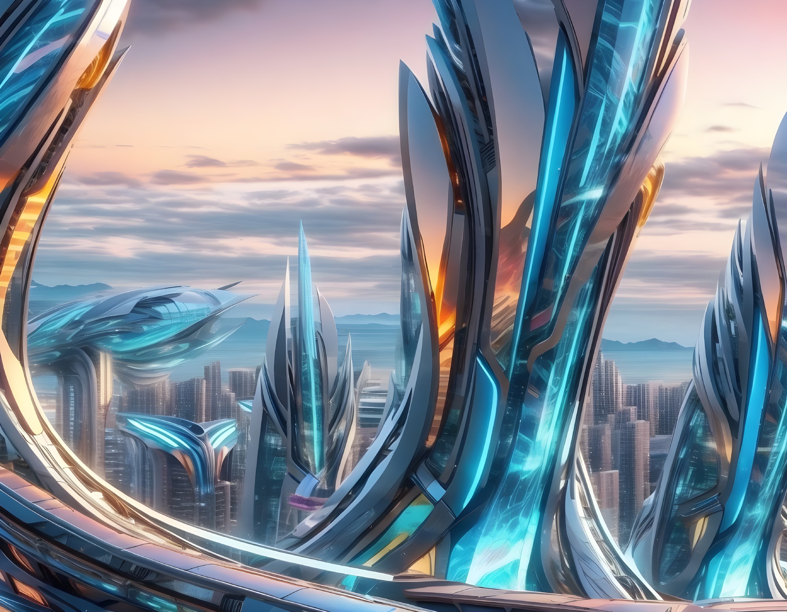 Futuristic cityscape with organic glass and metal structures