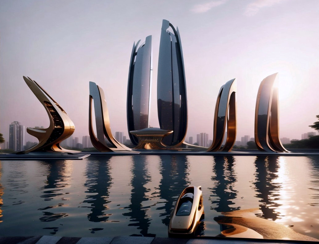 Futuristic Architectural Landscape with Reflective Water