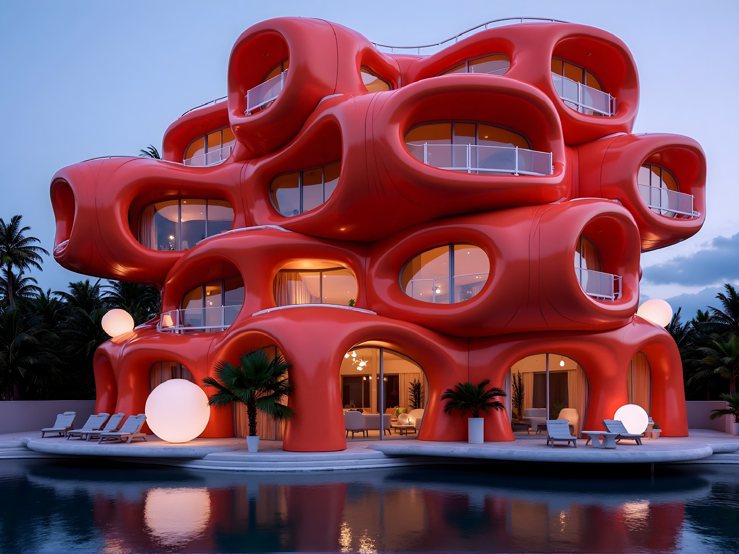 Modern Building with Sculptural Design and Red Exteriors