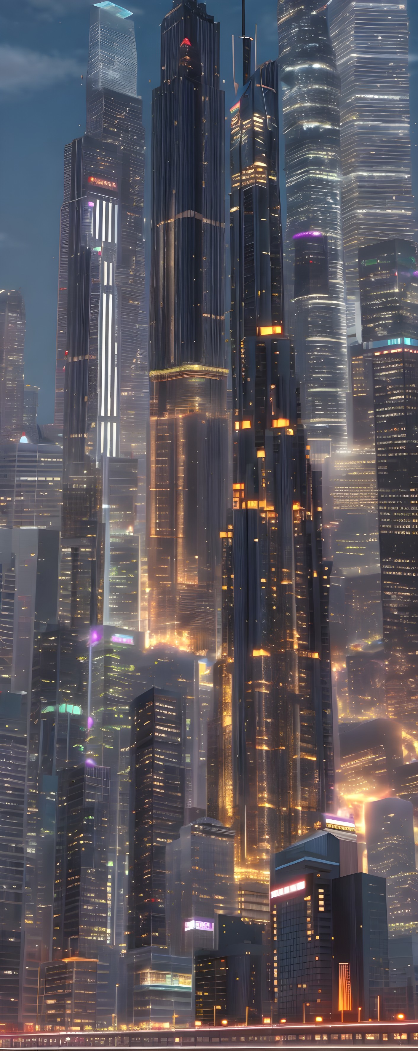 Futuristic cityscape: Glowing skyscrapers at dusk