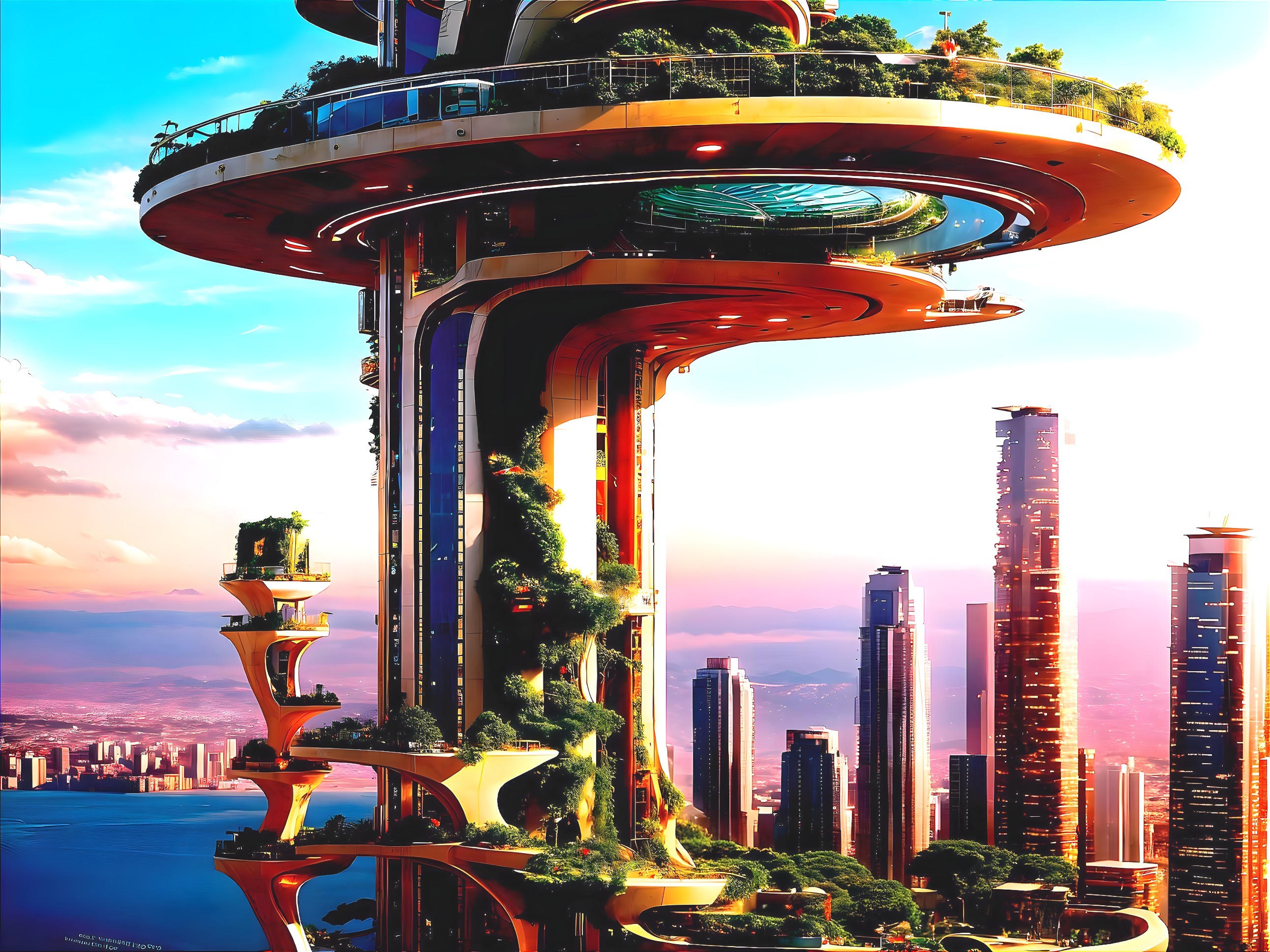 Futuristic Skyscraper with Greenery and Sunset Views