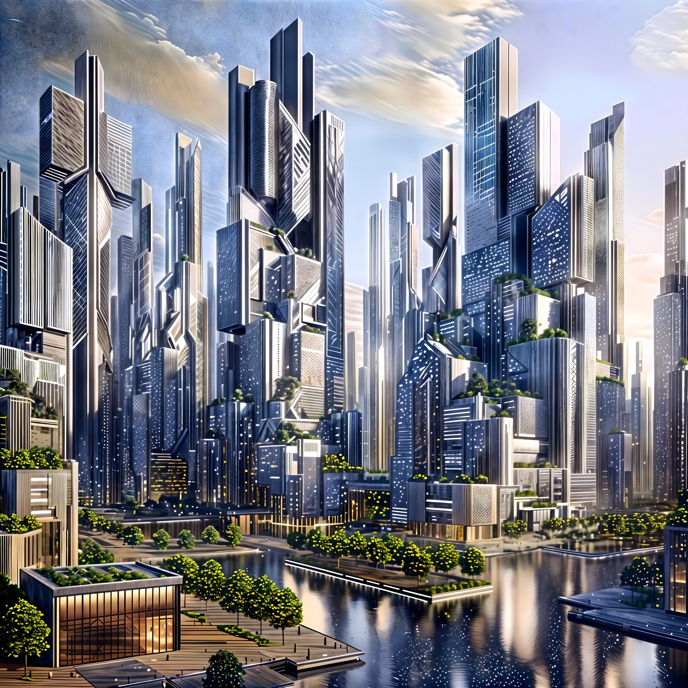 Futuristic Skyline with Skyscrapers and Greenery