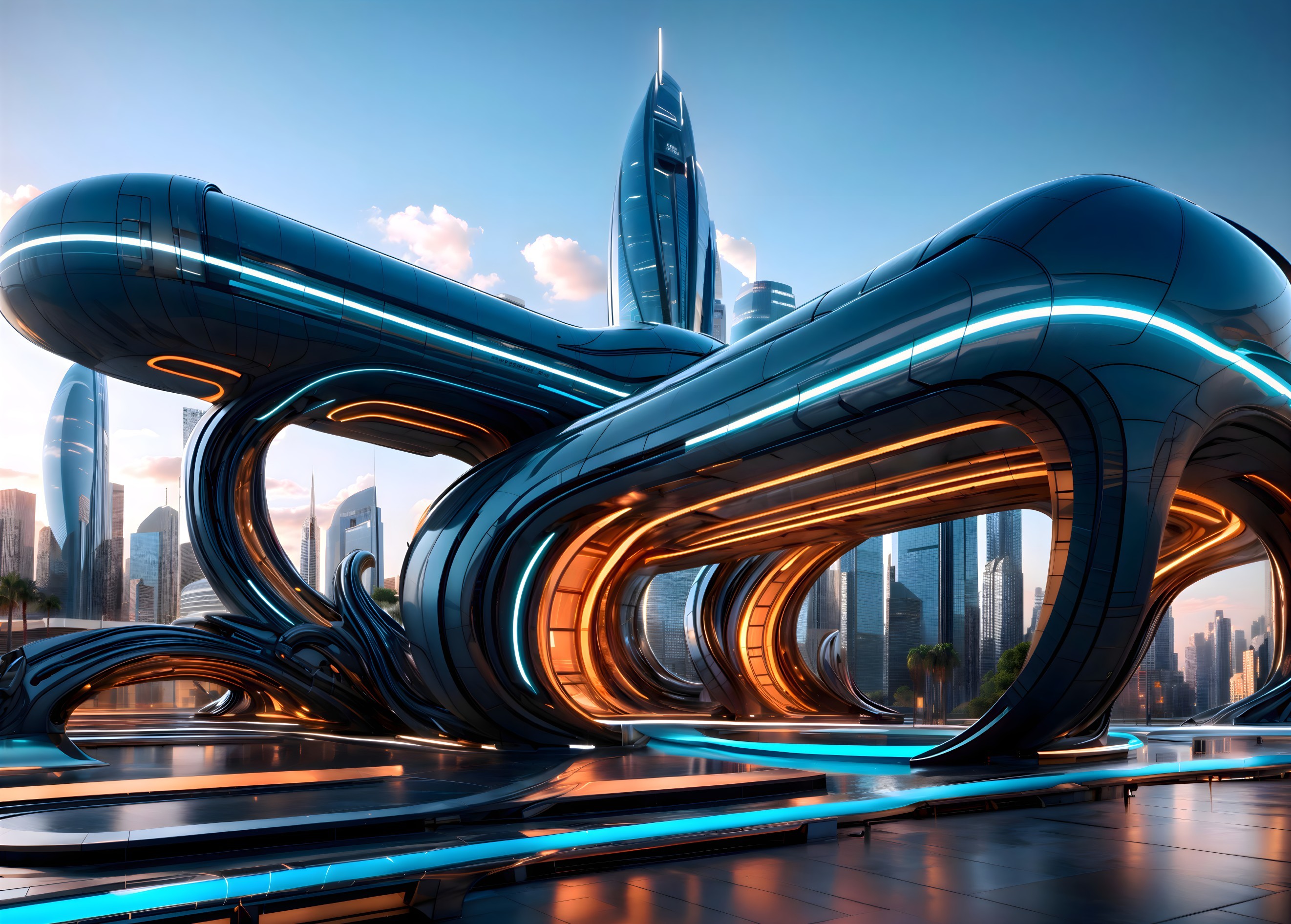 Futuristic cityscape with sleek structures and neon accents