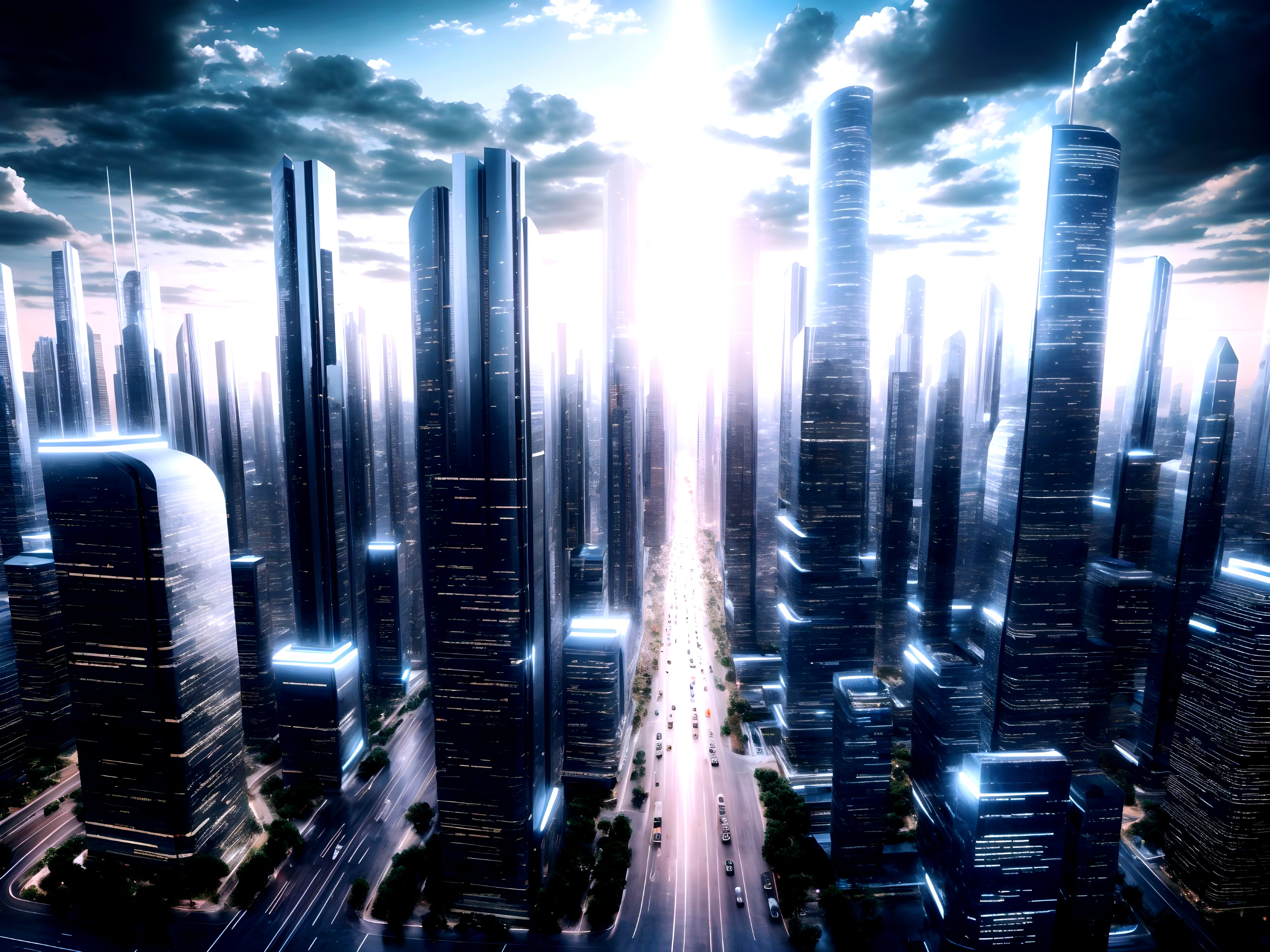 Futuristic cityscape at dusk with sleek skyscrapers
