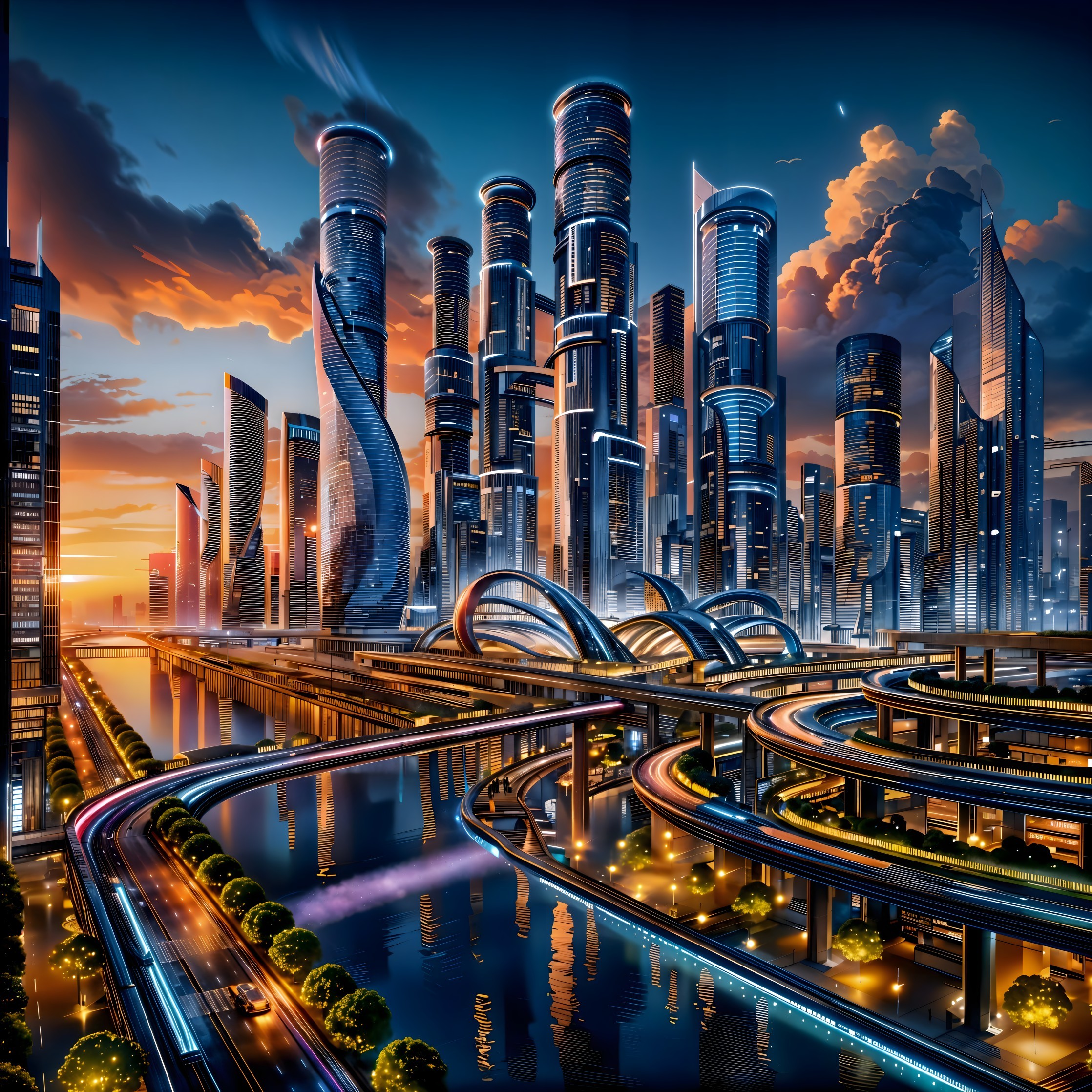 Futuristic Cityscape at Sunset with Skyscrapers and Highways