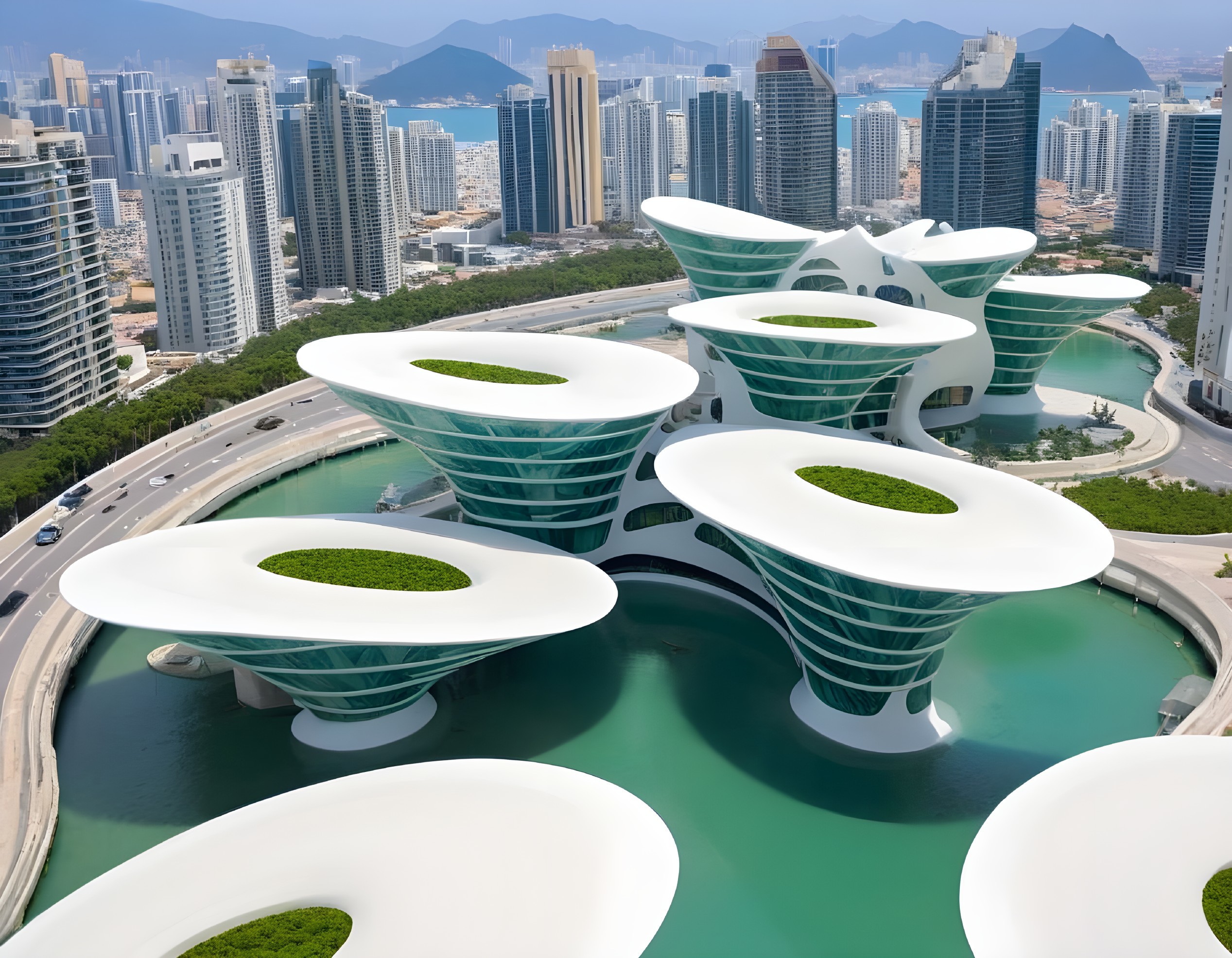 Aerial View of Futuristic Flower-Like Architecture