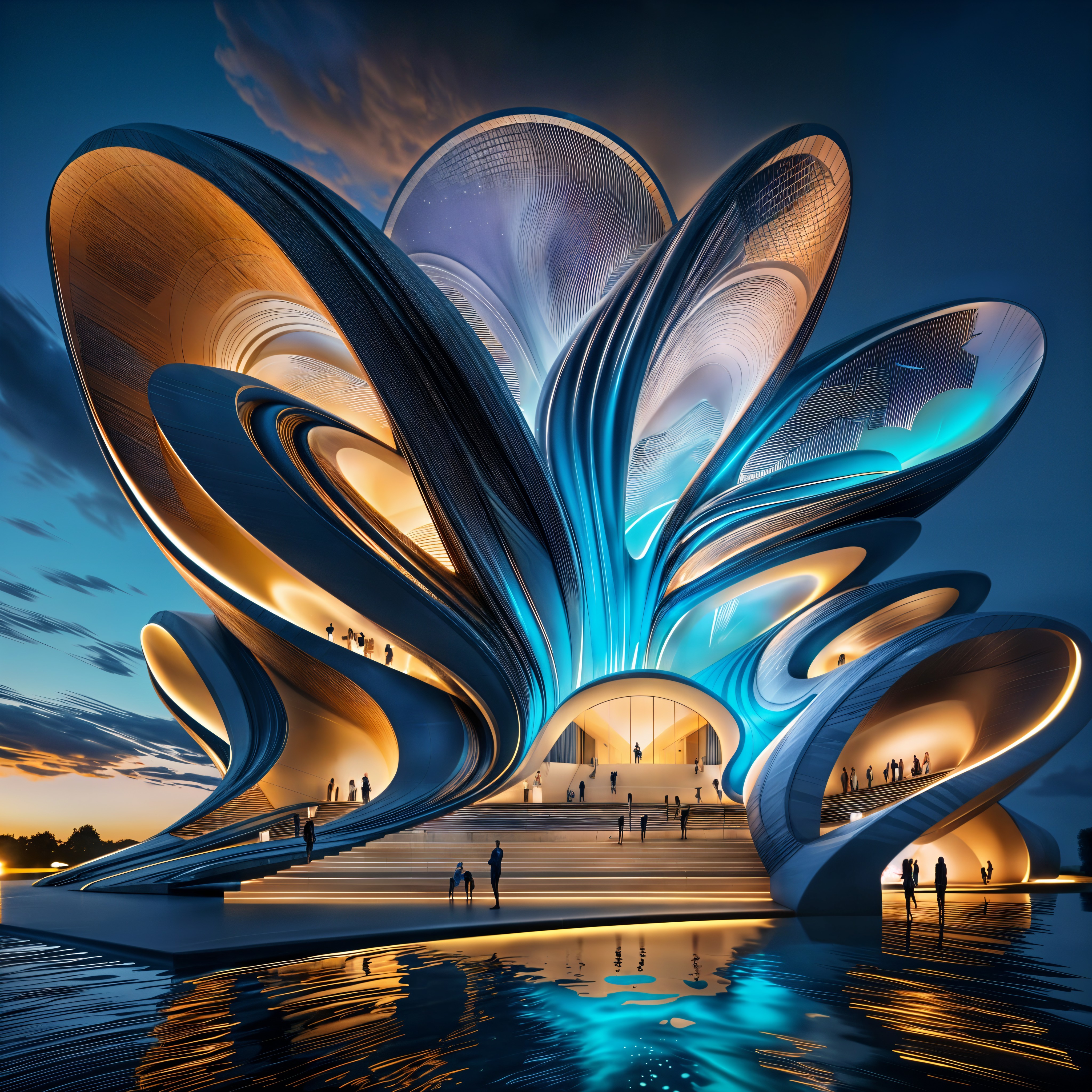 Futuristic Flower-Shaped Building with Vibrant Lighting