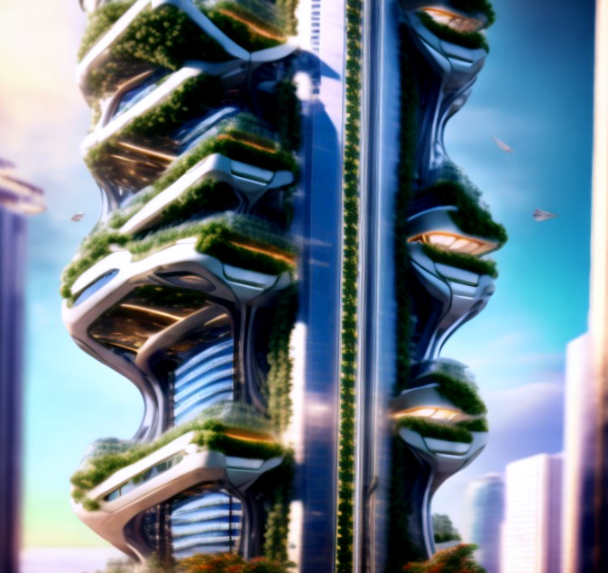 Futuristic Skyscraper with Flowing Design and Greenery