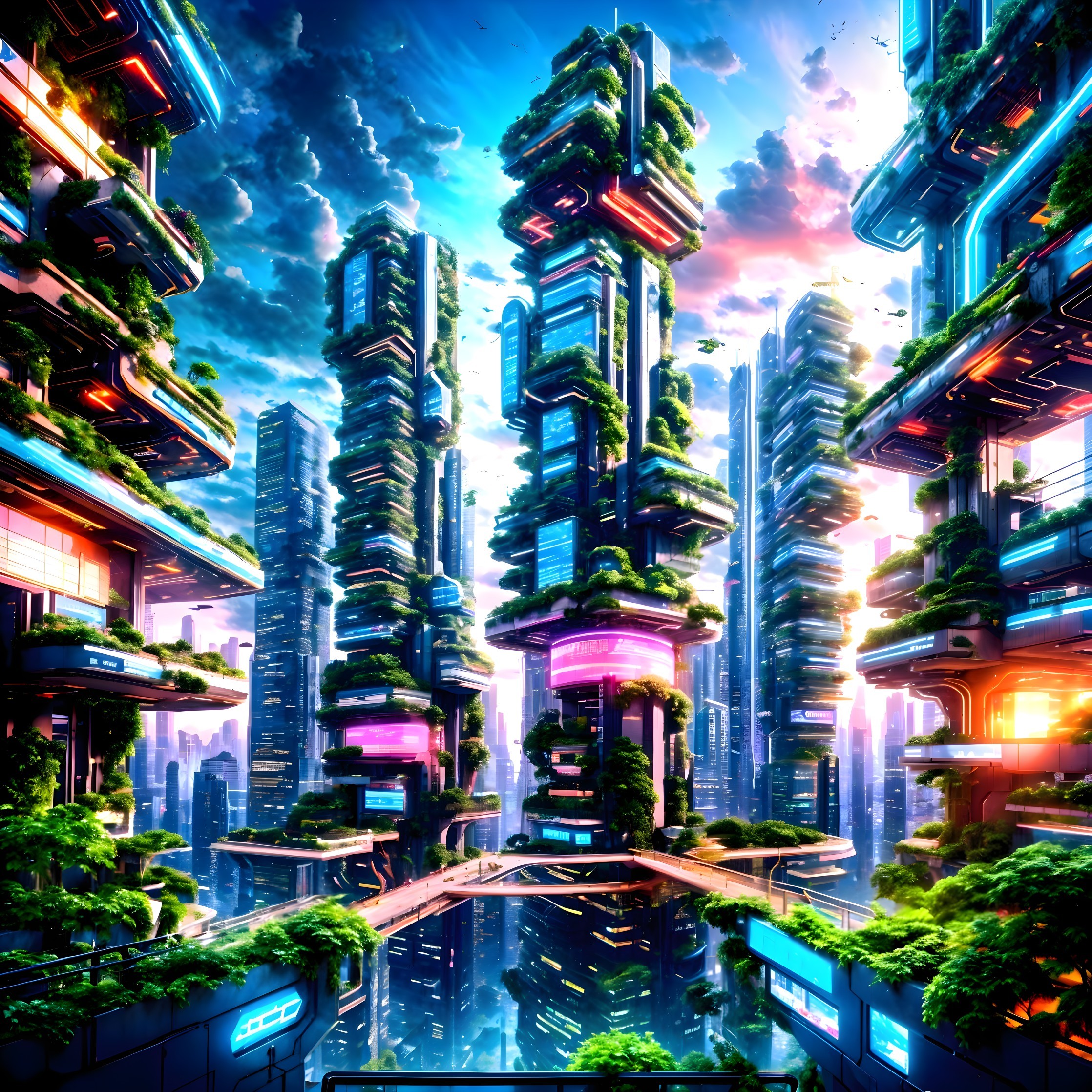 Futuristic cityscape with vibrant colors and greenery