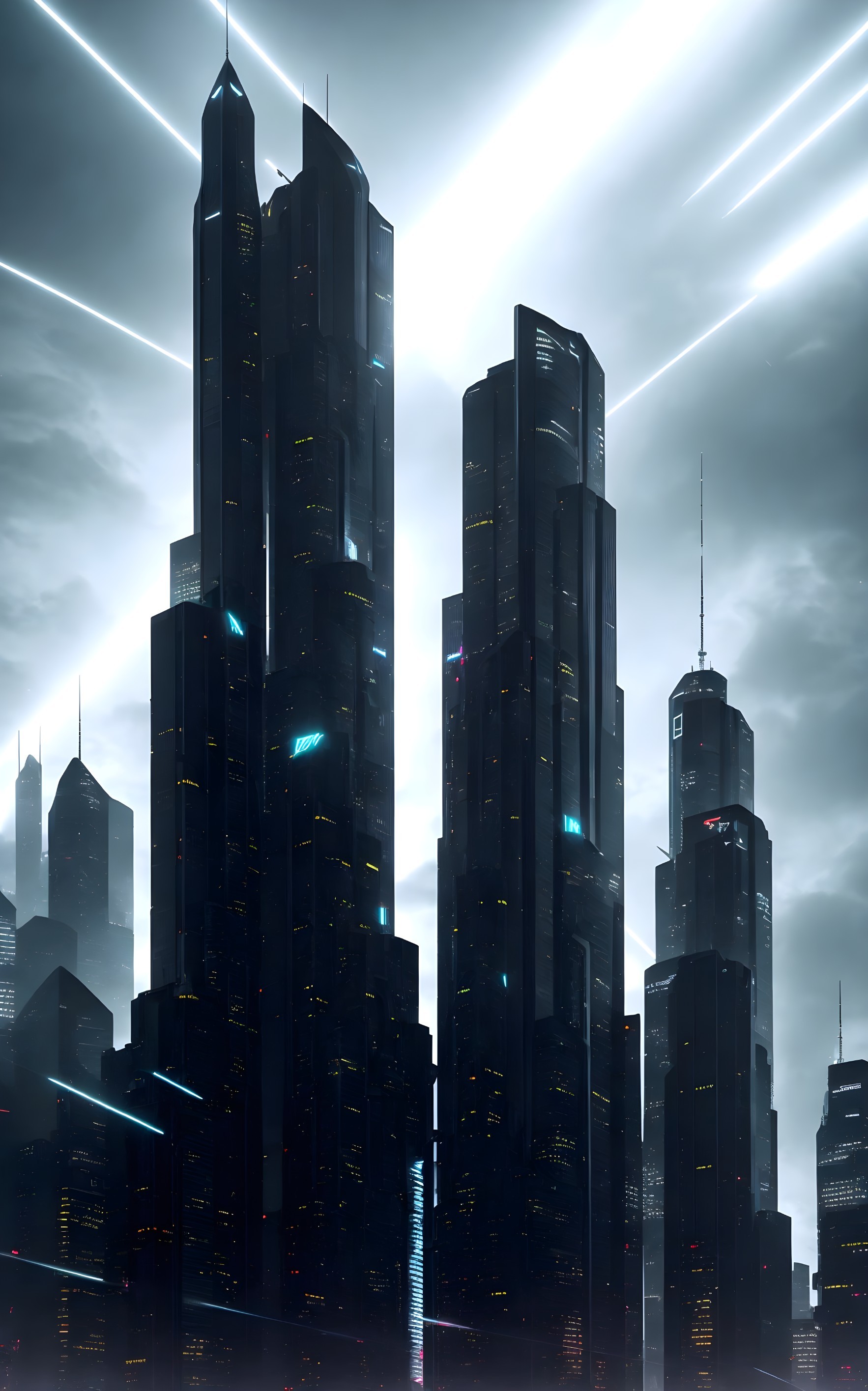Futuristic cityscape with luminous skyscrapers and fog