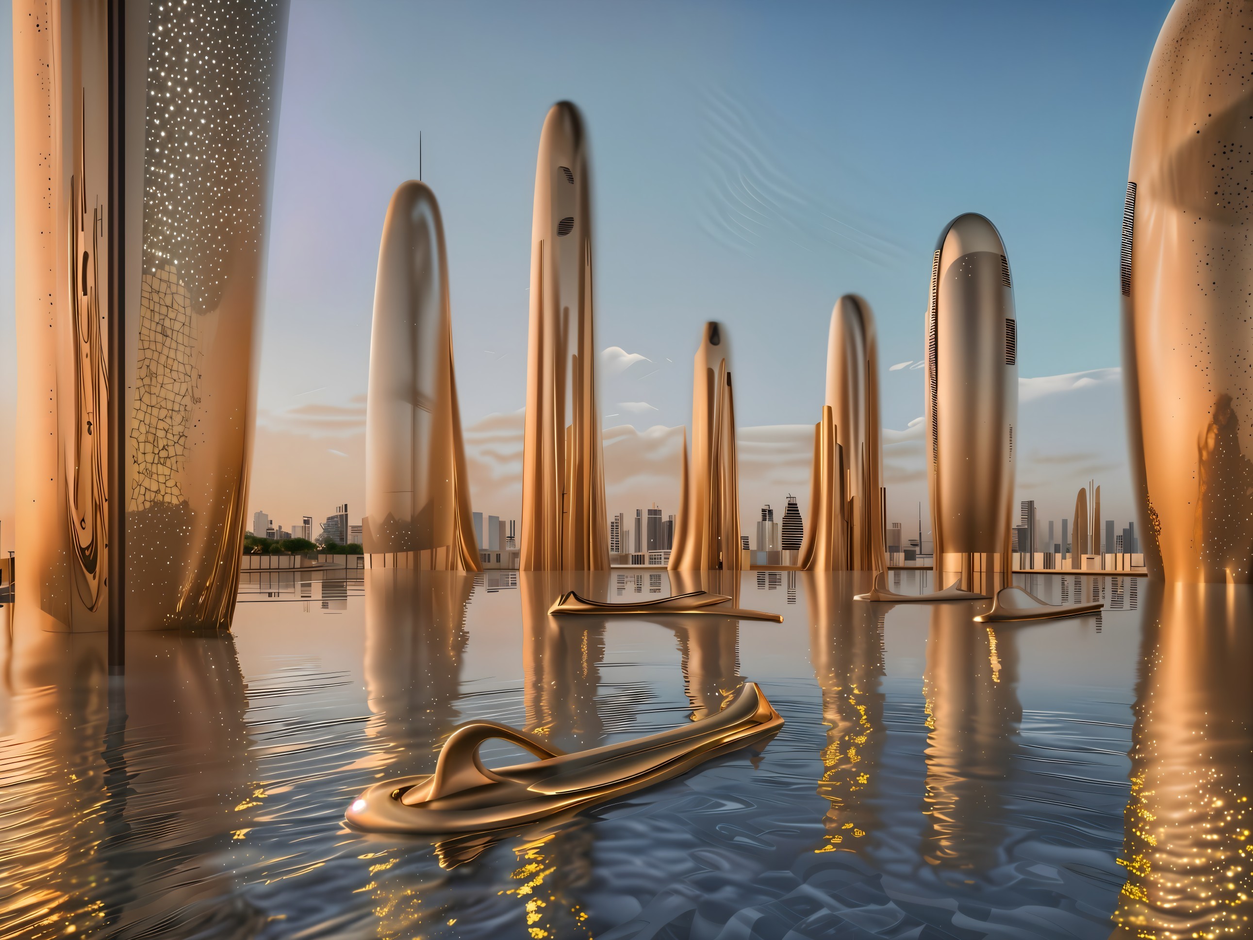 Futuristic cityscape with golden spires at sunset