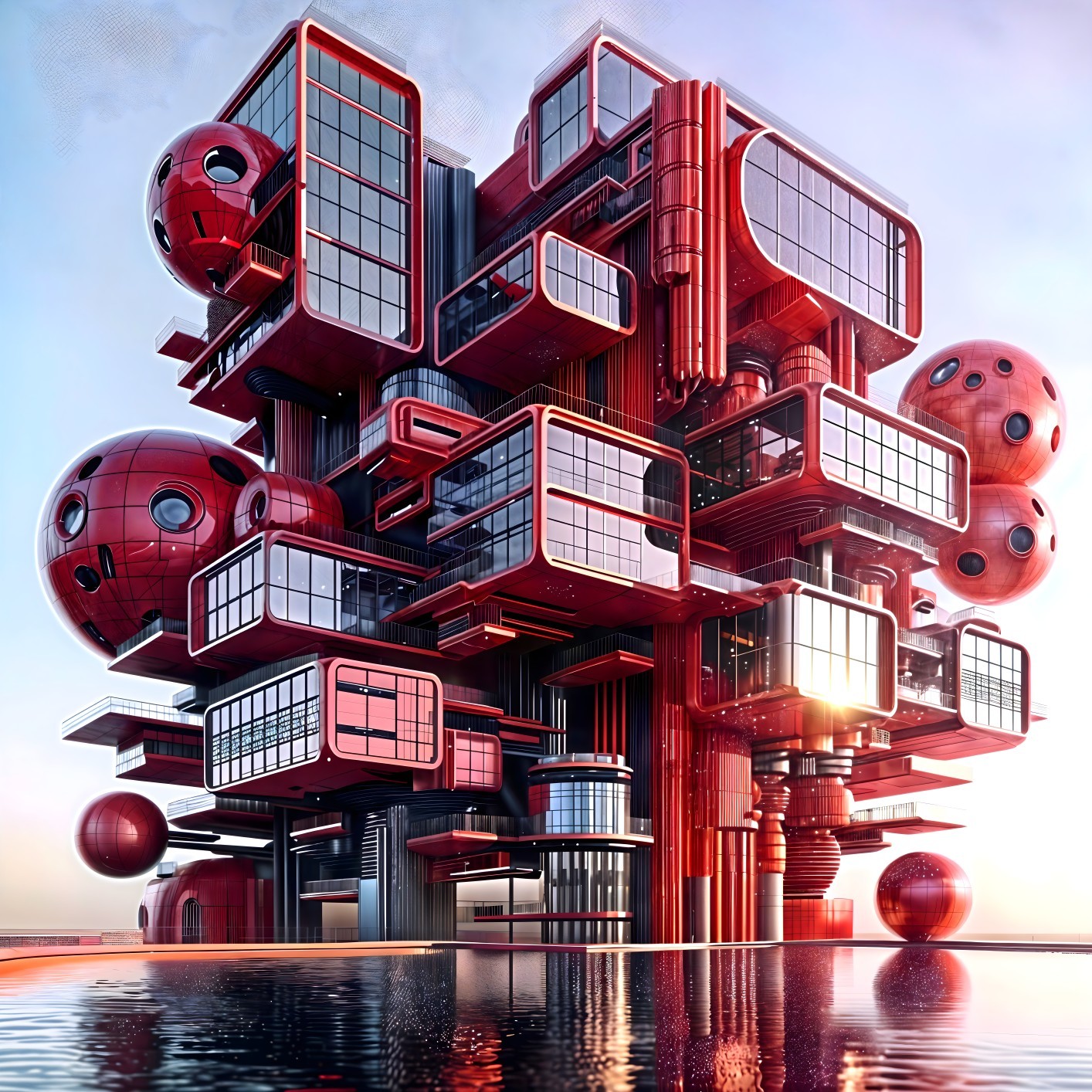 Futuristic Modular Architectural Structure in Red