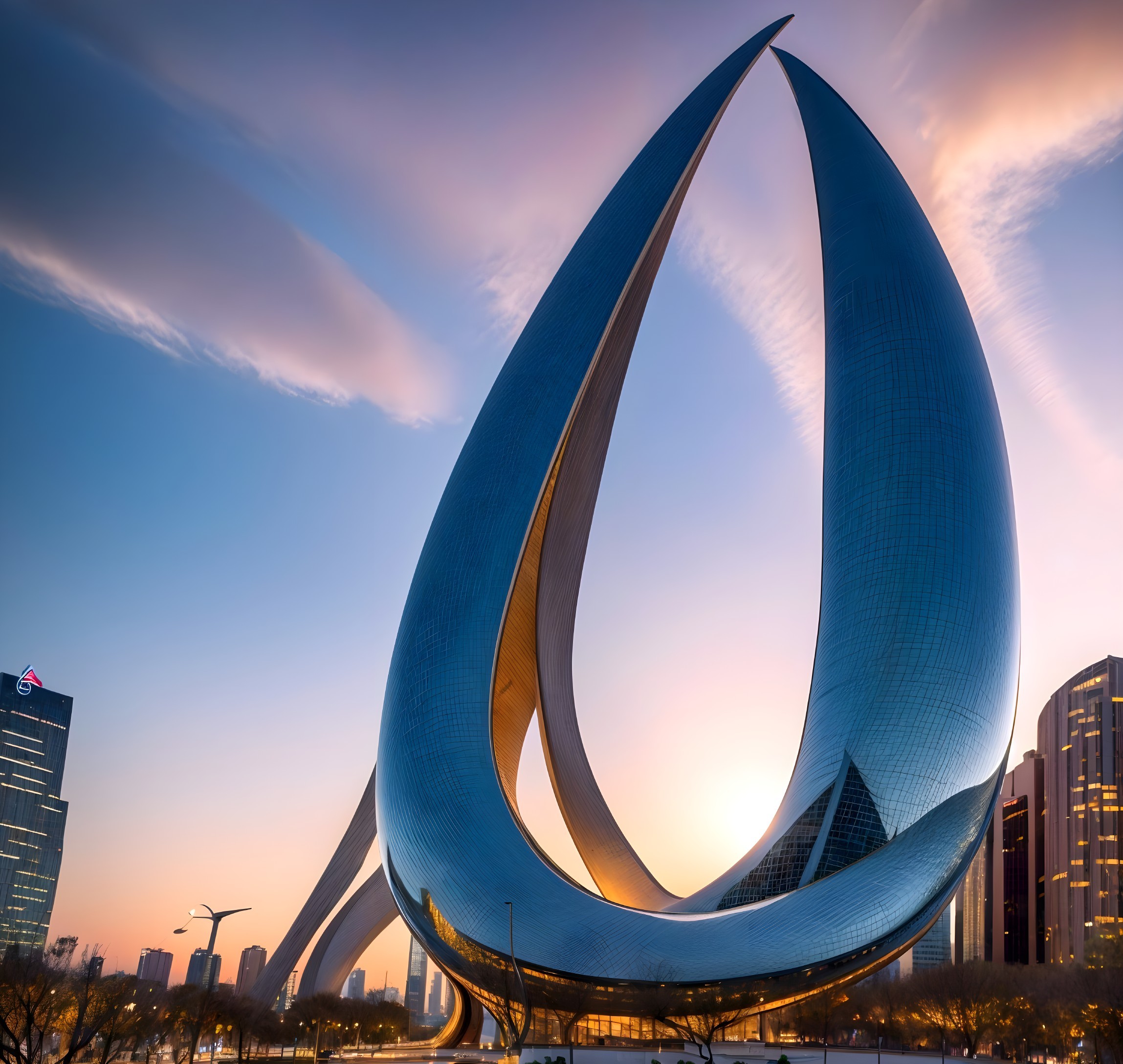Modern sculpture of reflective teardrops at sunset