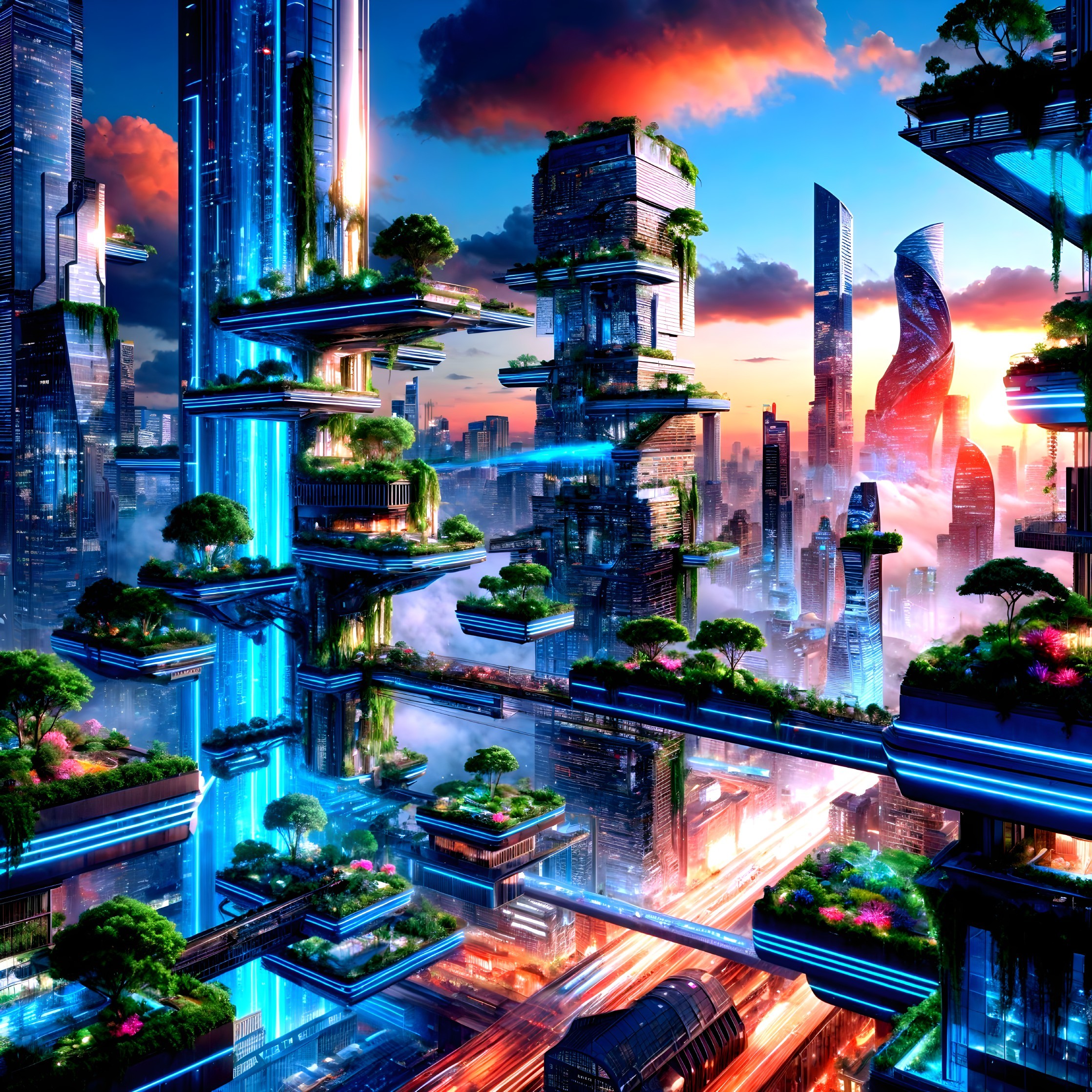 Futuristic cityscape with greenery and neon lights