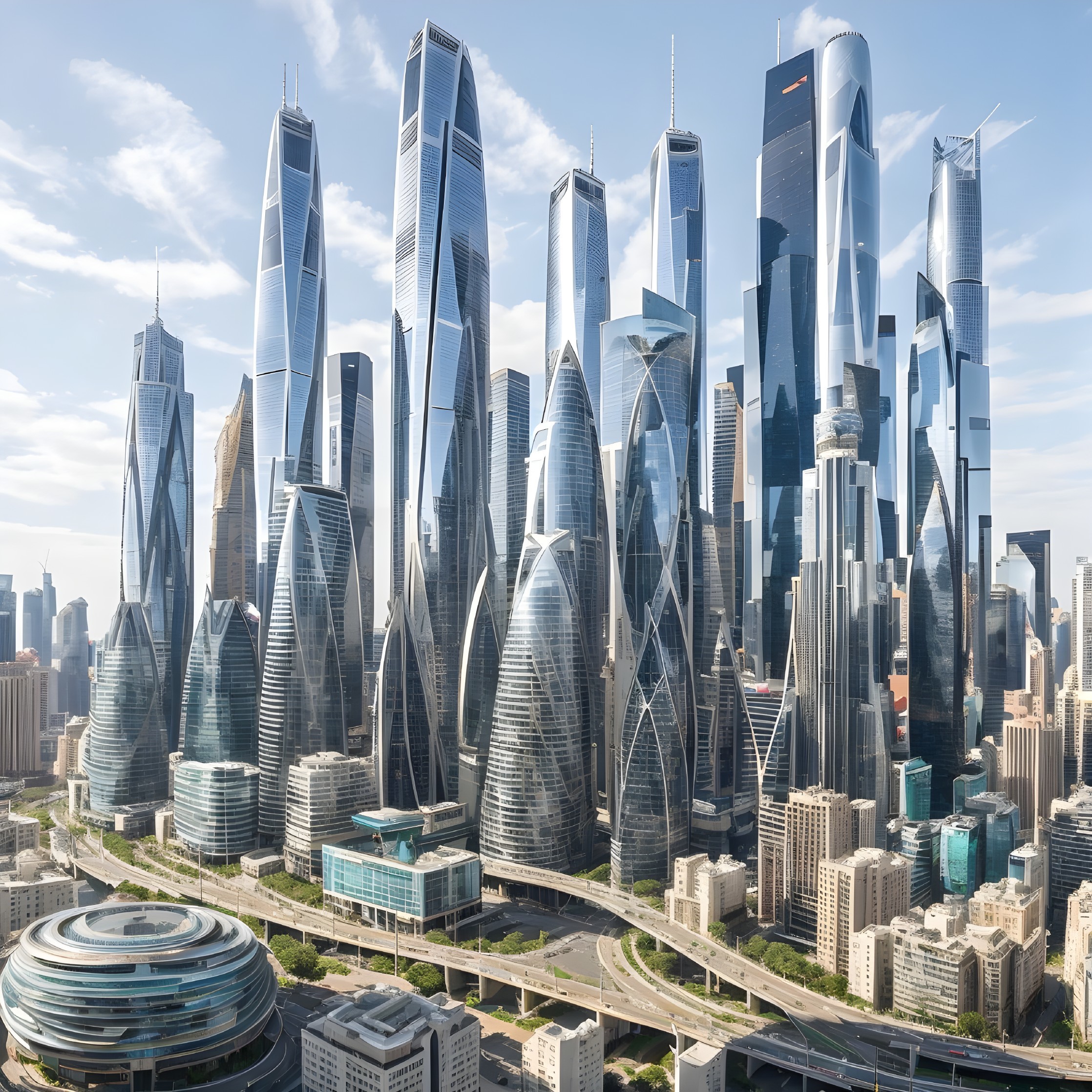 Futuristic Skyline with Innovative Skyscrapers and Greenery