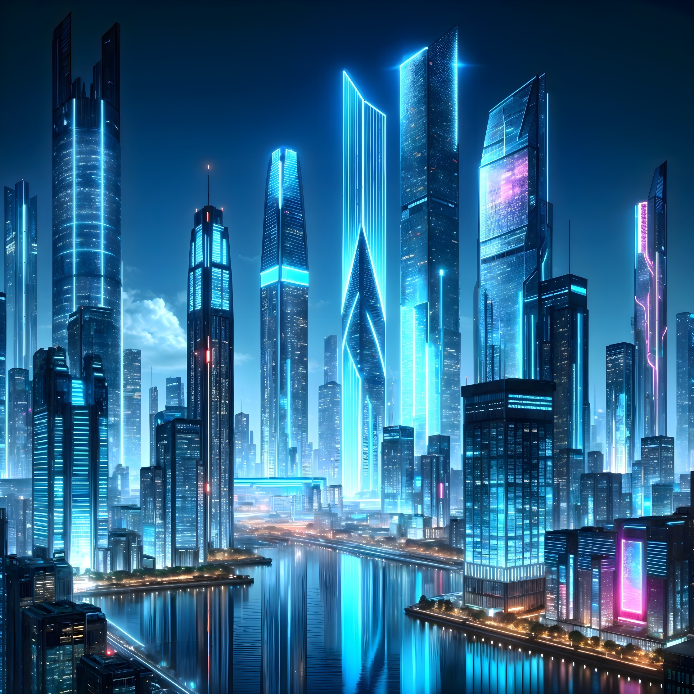 Futuristic cityscape with neon lights and skyscrapers