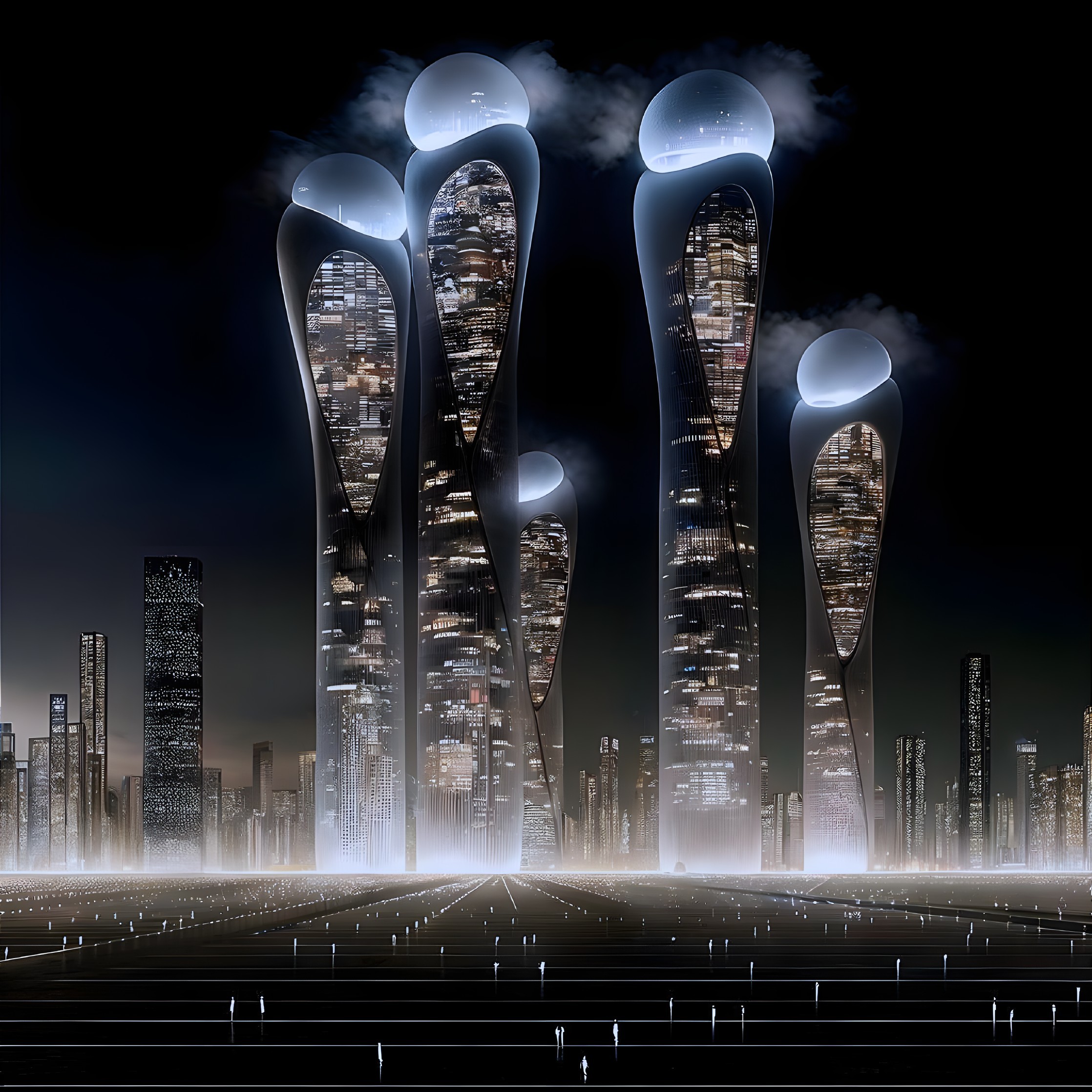Futuristic Nighttime Cityscape with Sculptural Skyscrapers