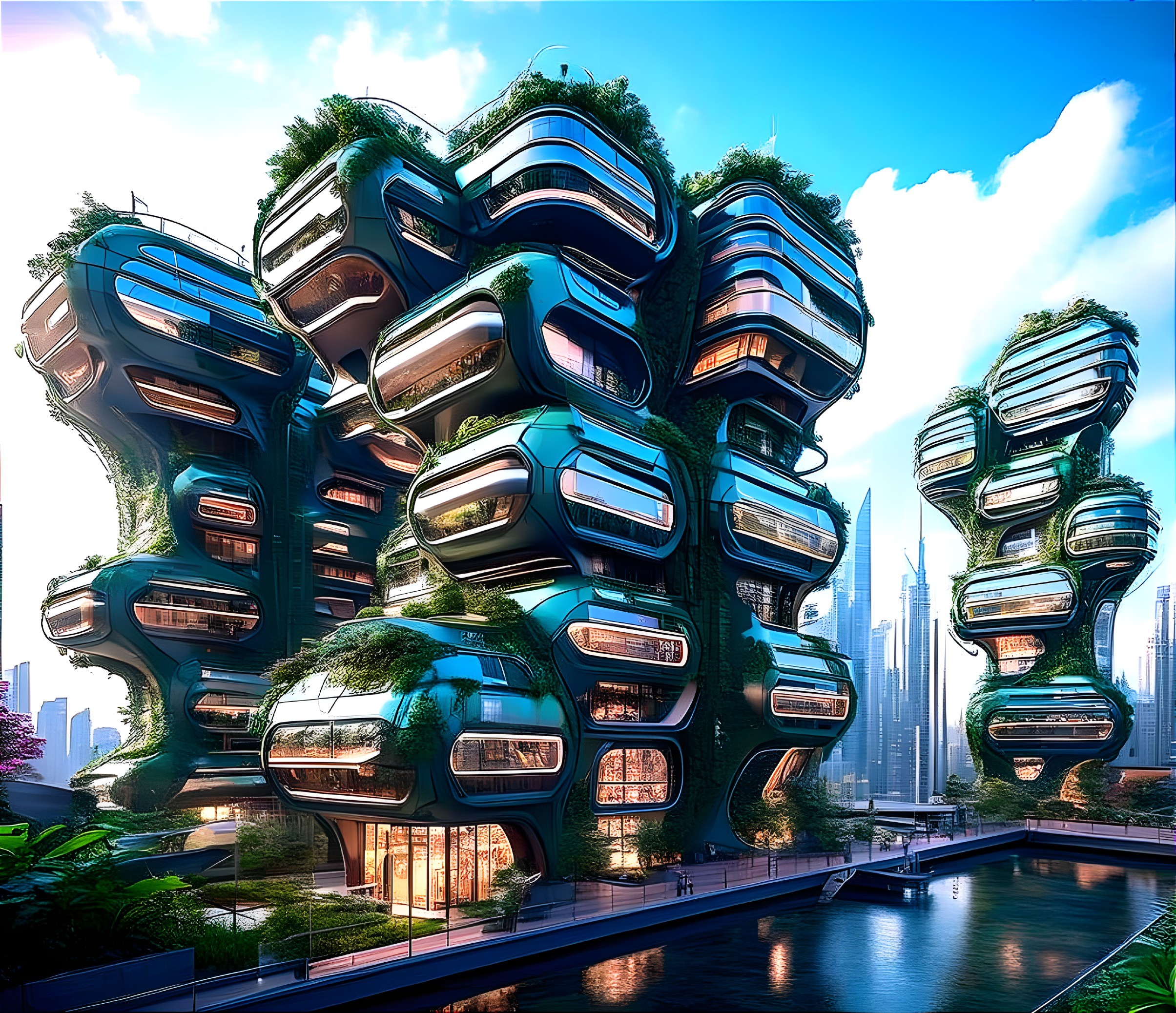 Futuristic Organic-Shaped Building with Green Foliage