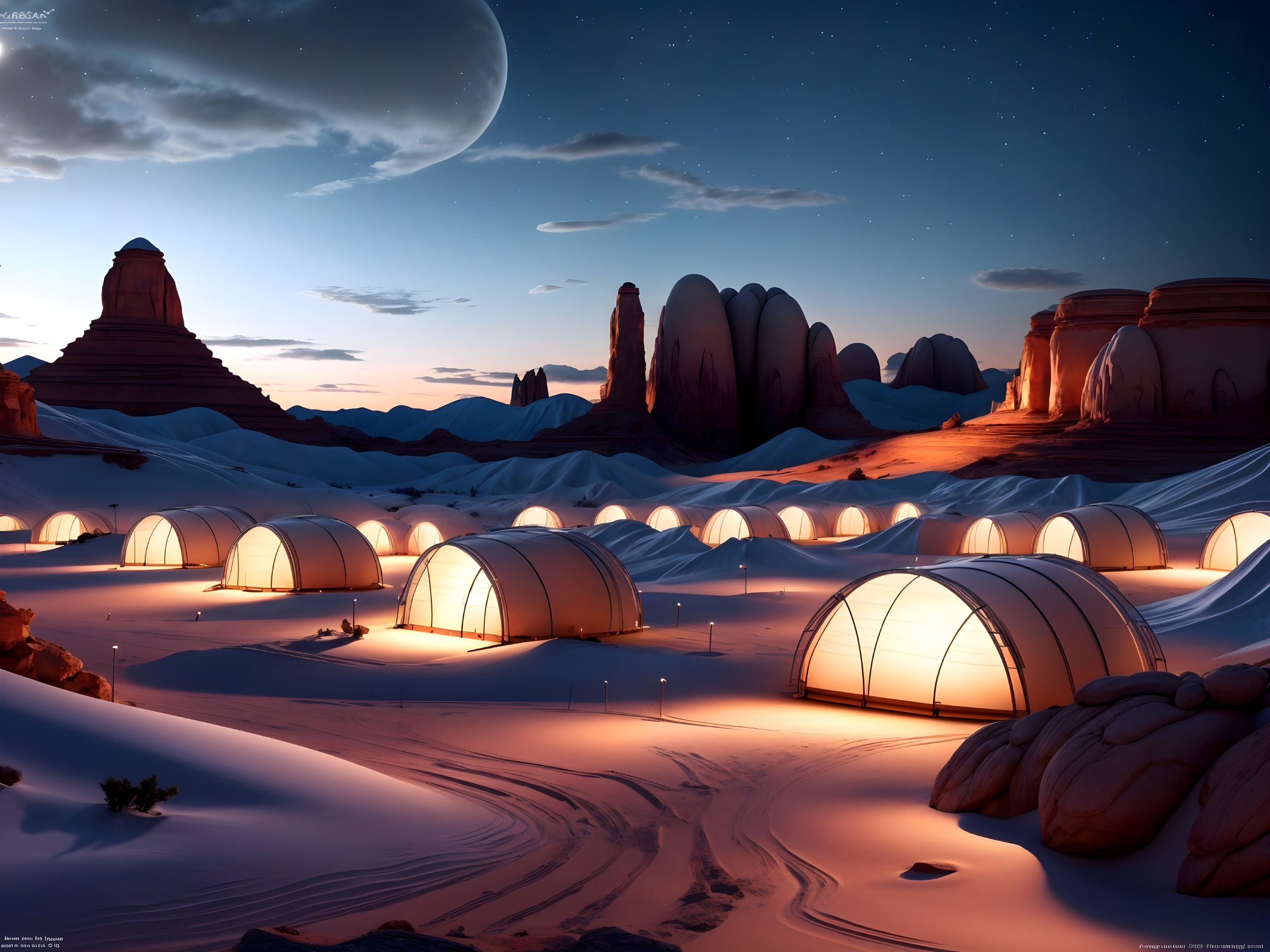 Serene Night Landscape with Glowing Dome Structures