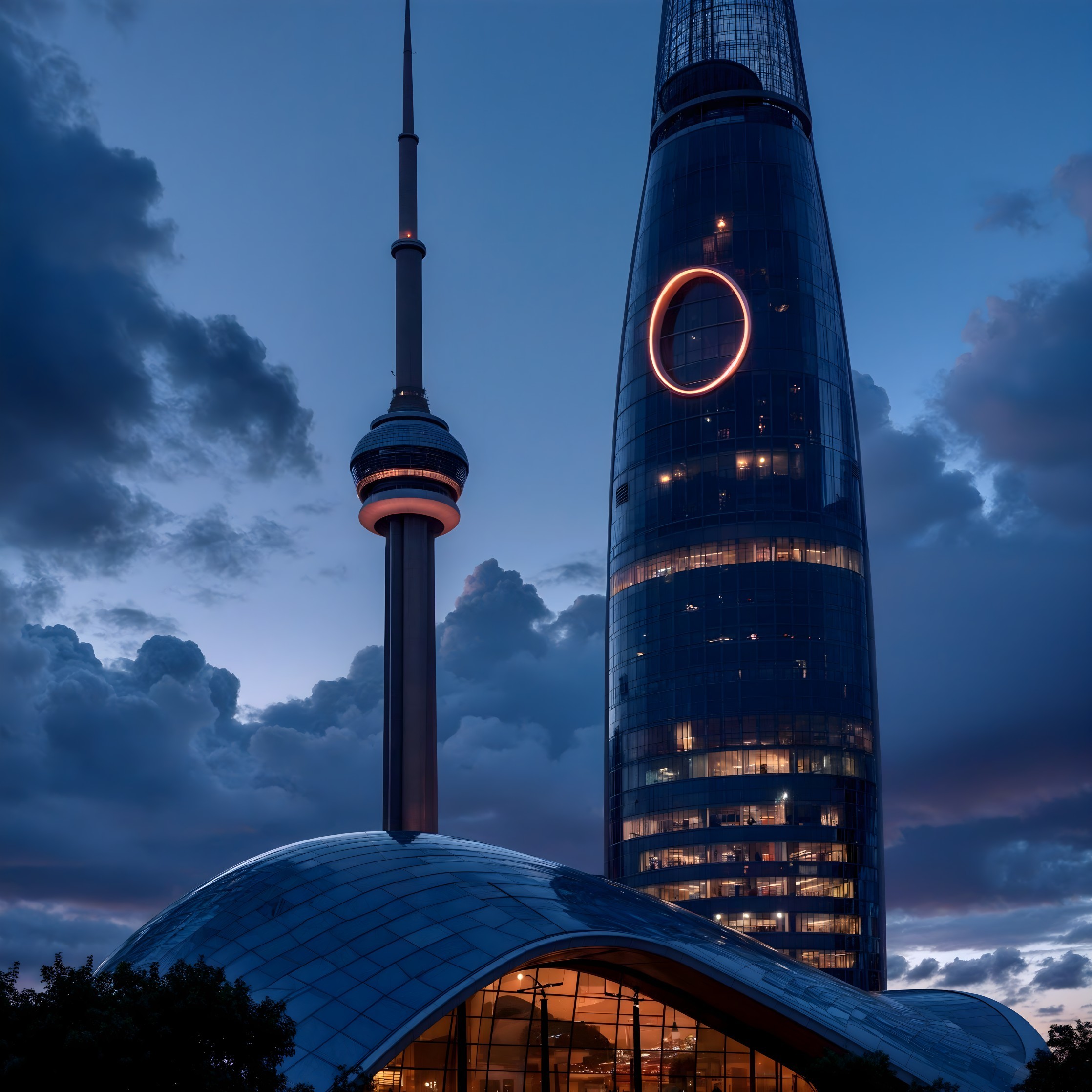 Skyline at Dusk with Two Iconic Towers and Sunset Colors