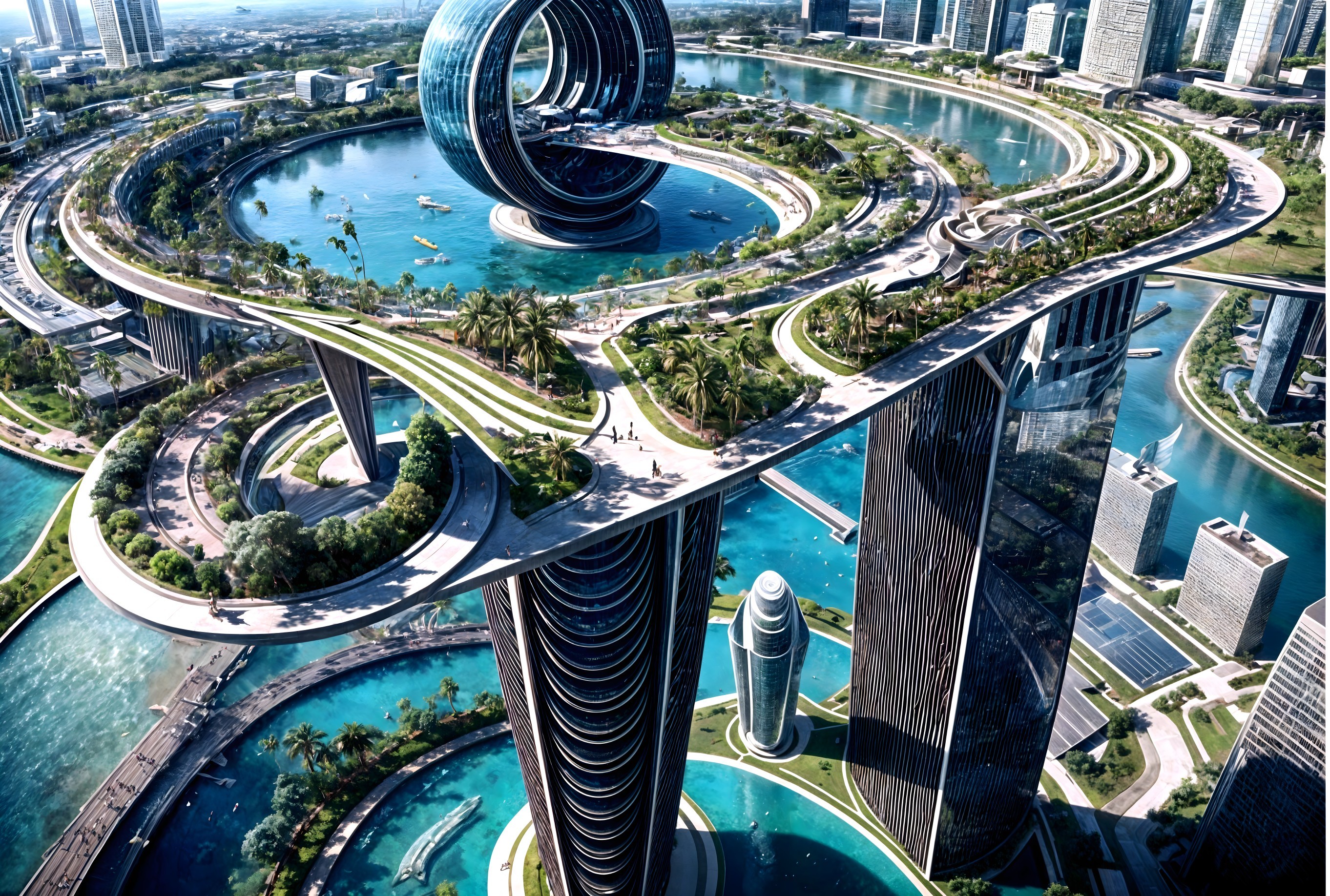 Futuristic cityscape with circular structure and greenery