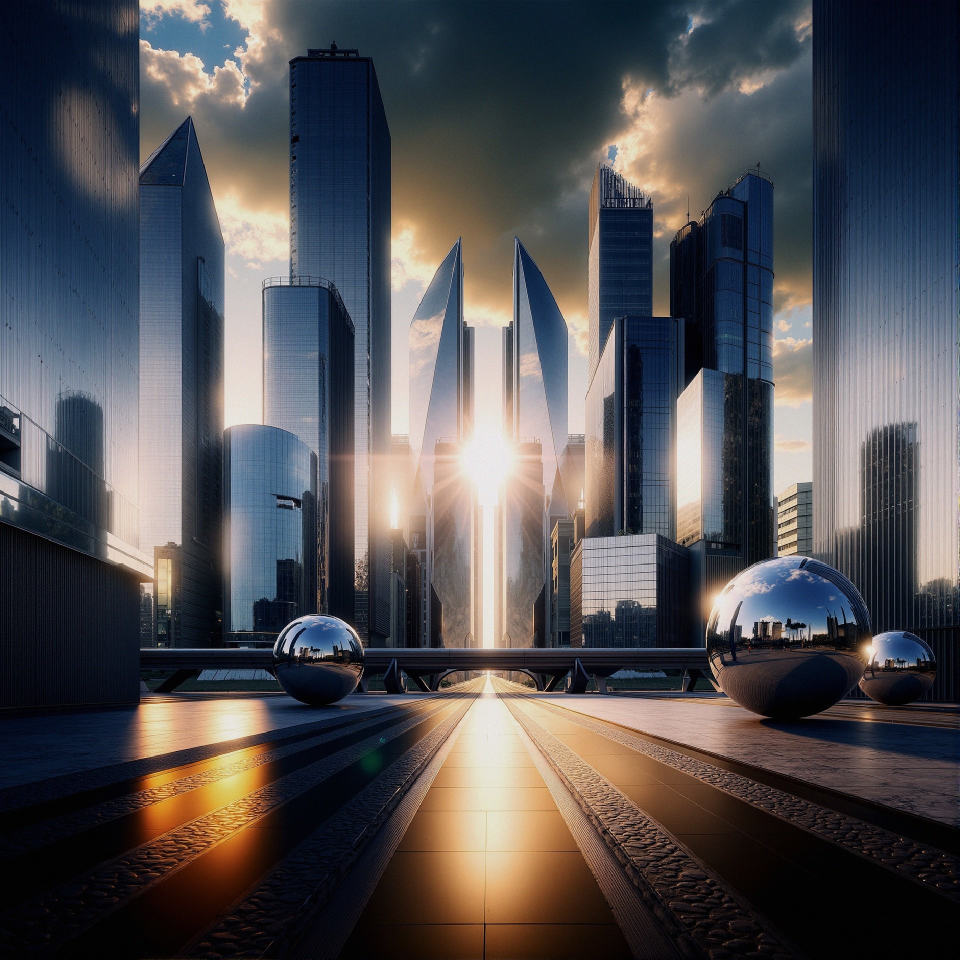 Futuristic cityscape with reflective skyscrapers and sky