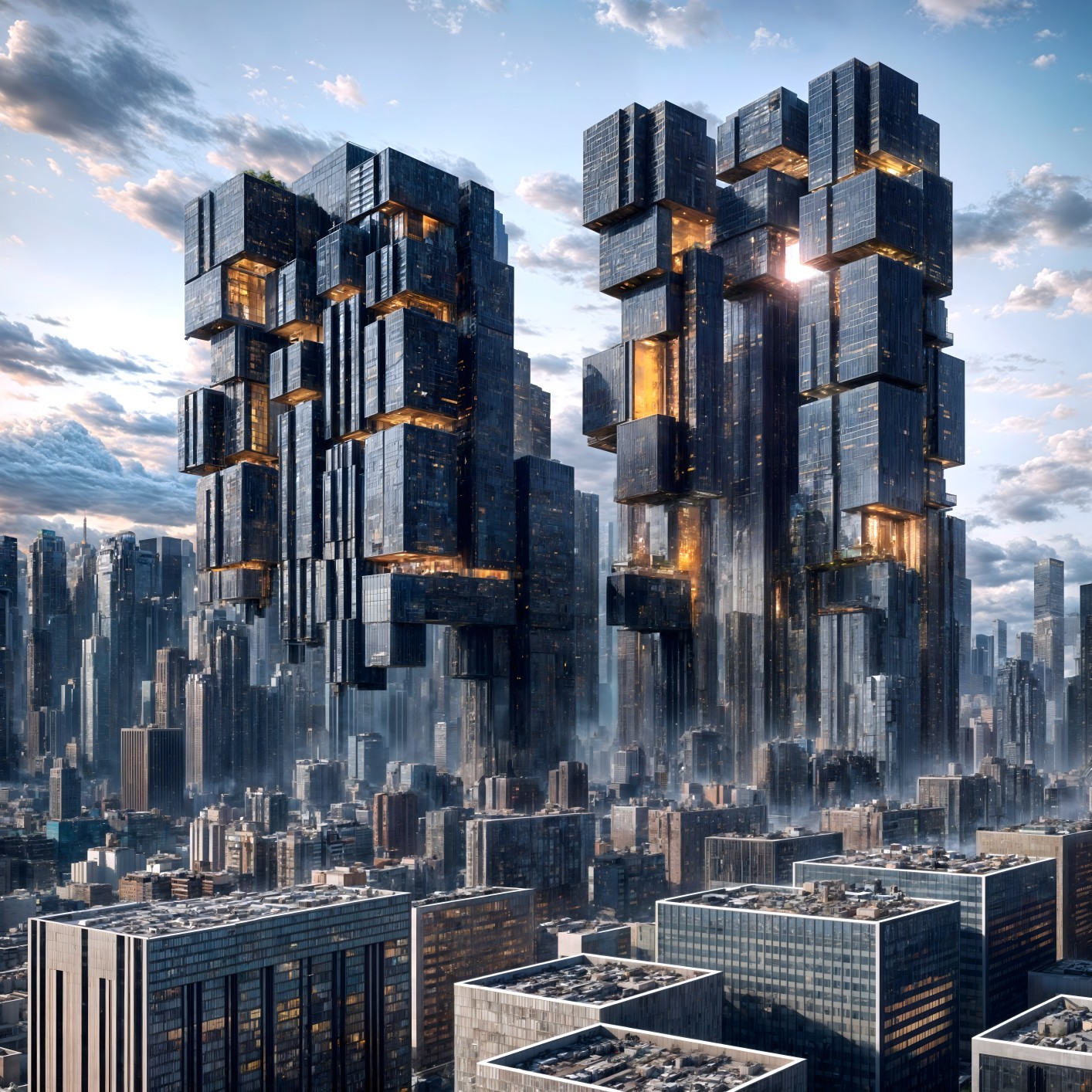 Futuristic cityscape with angular skyscrapers and mist