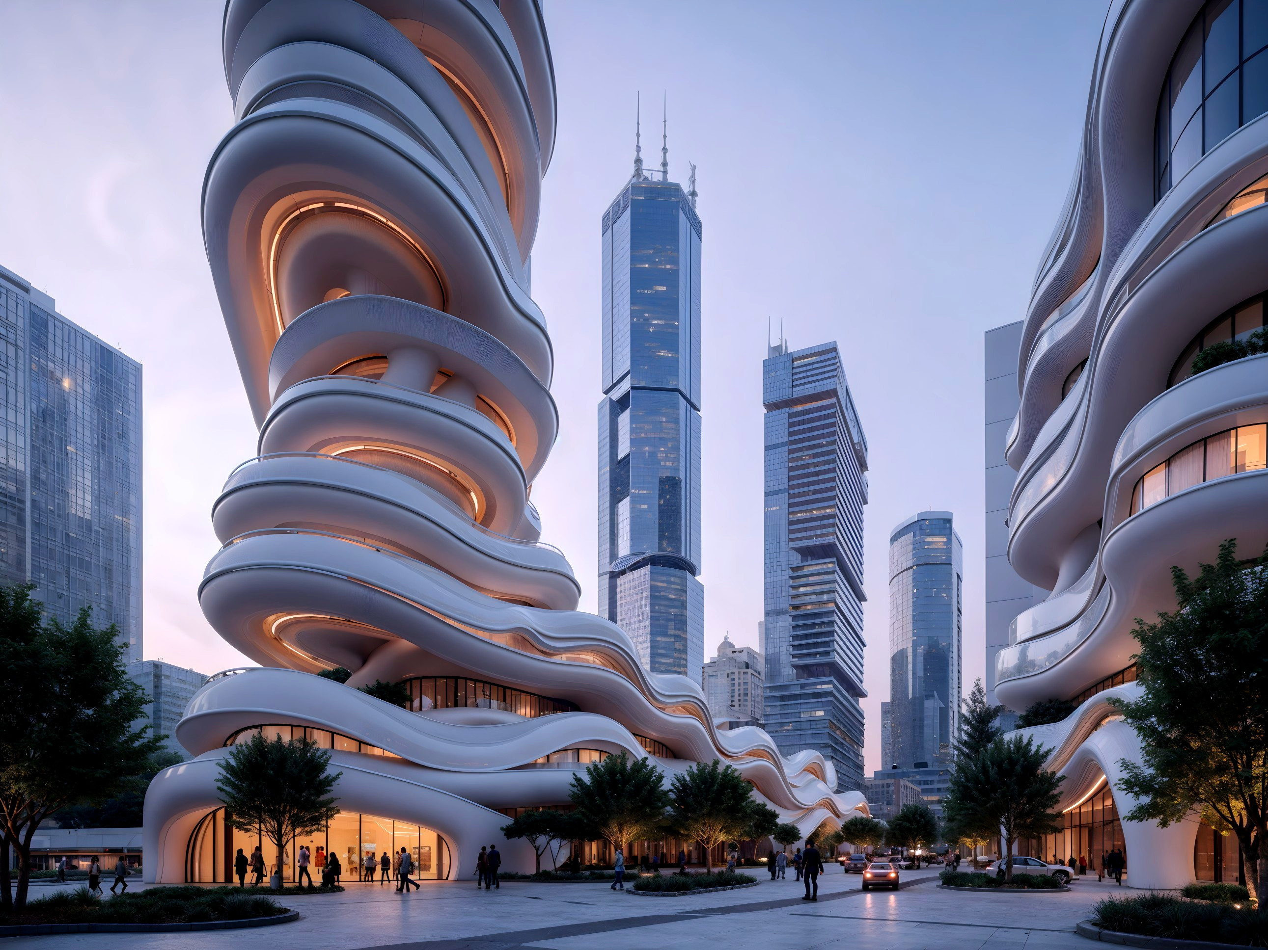 Futuristic Urban Landscape with Wave-like Building Design
