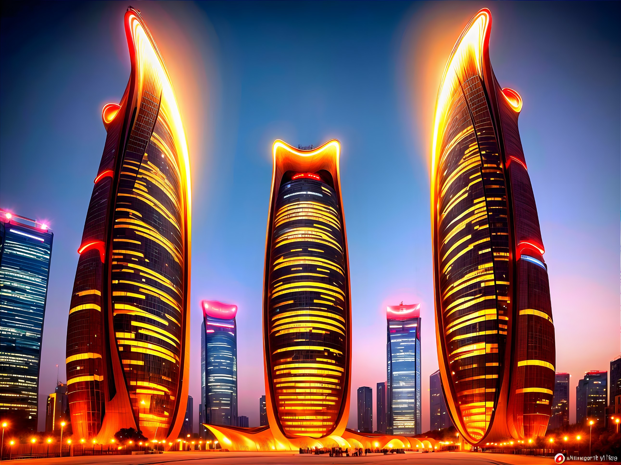 Futuristic skyscrapers with dynamic flame-like designs