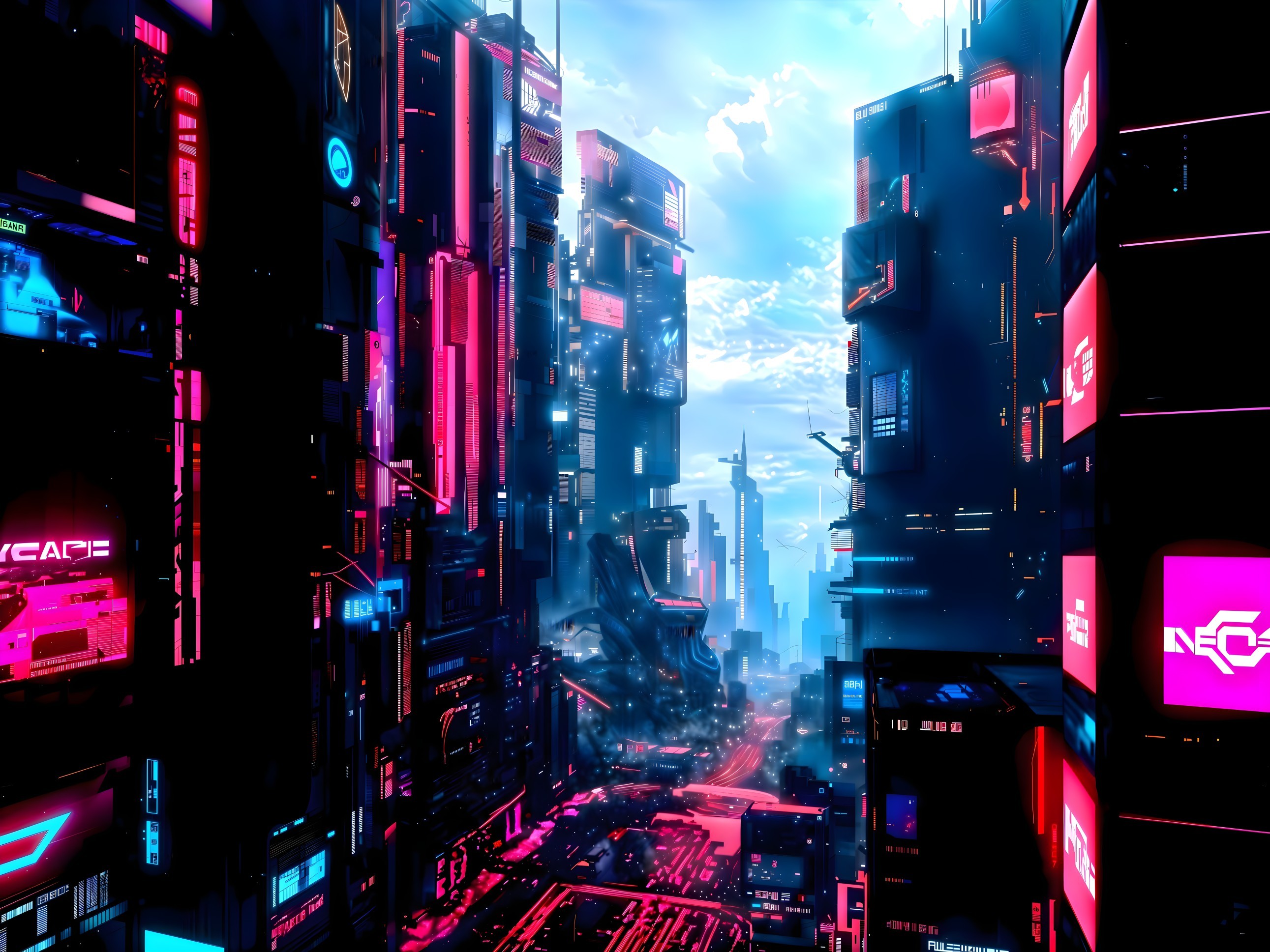 Futuristic Cityscape with Neon Lights and Skyscrapers