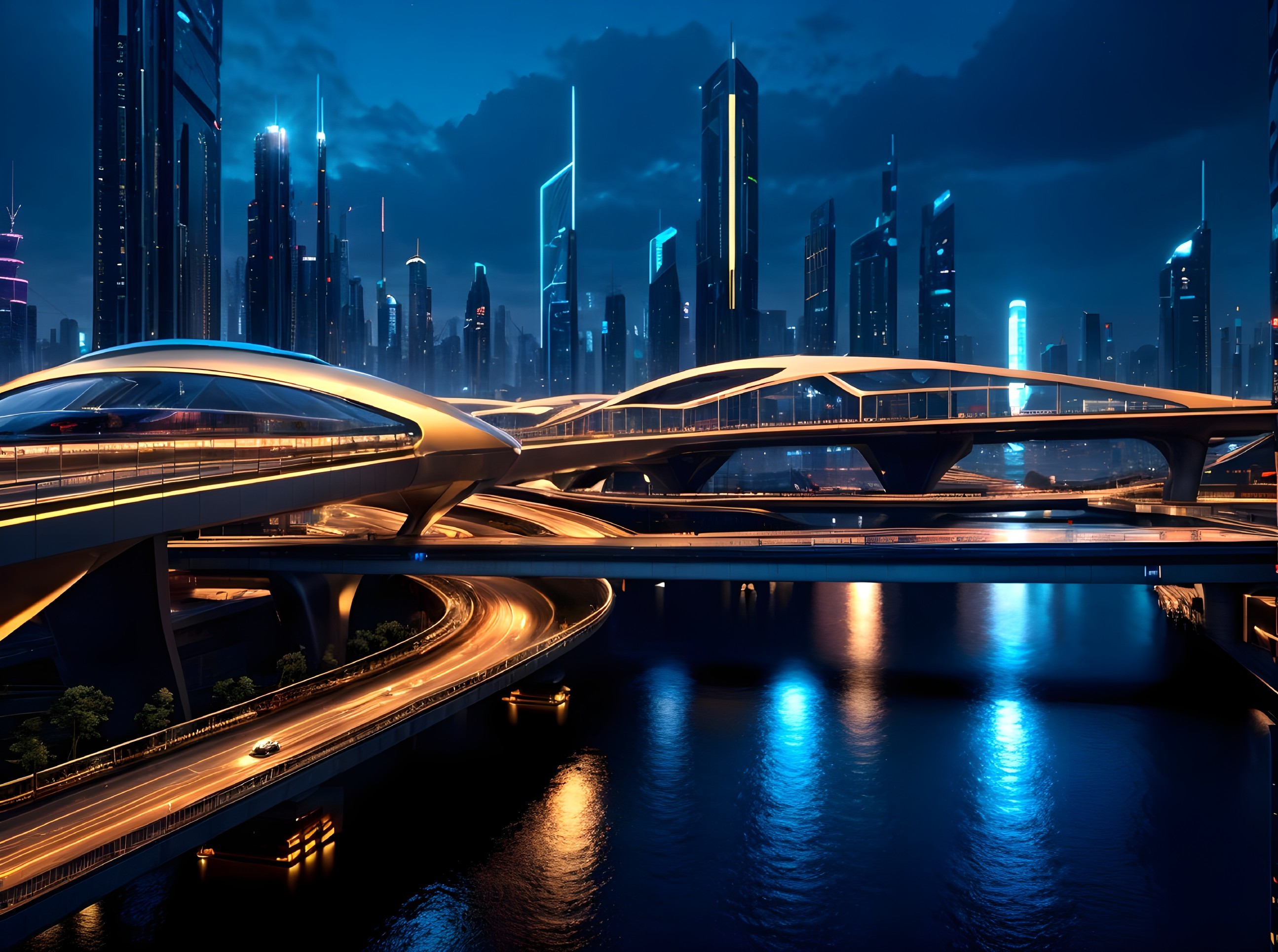 Futuristic Cityscape with Neon Lights and Skyscrapers