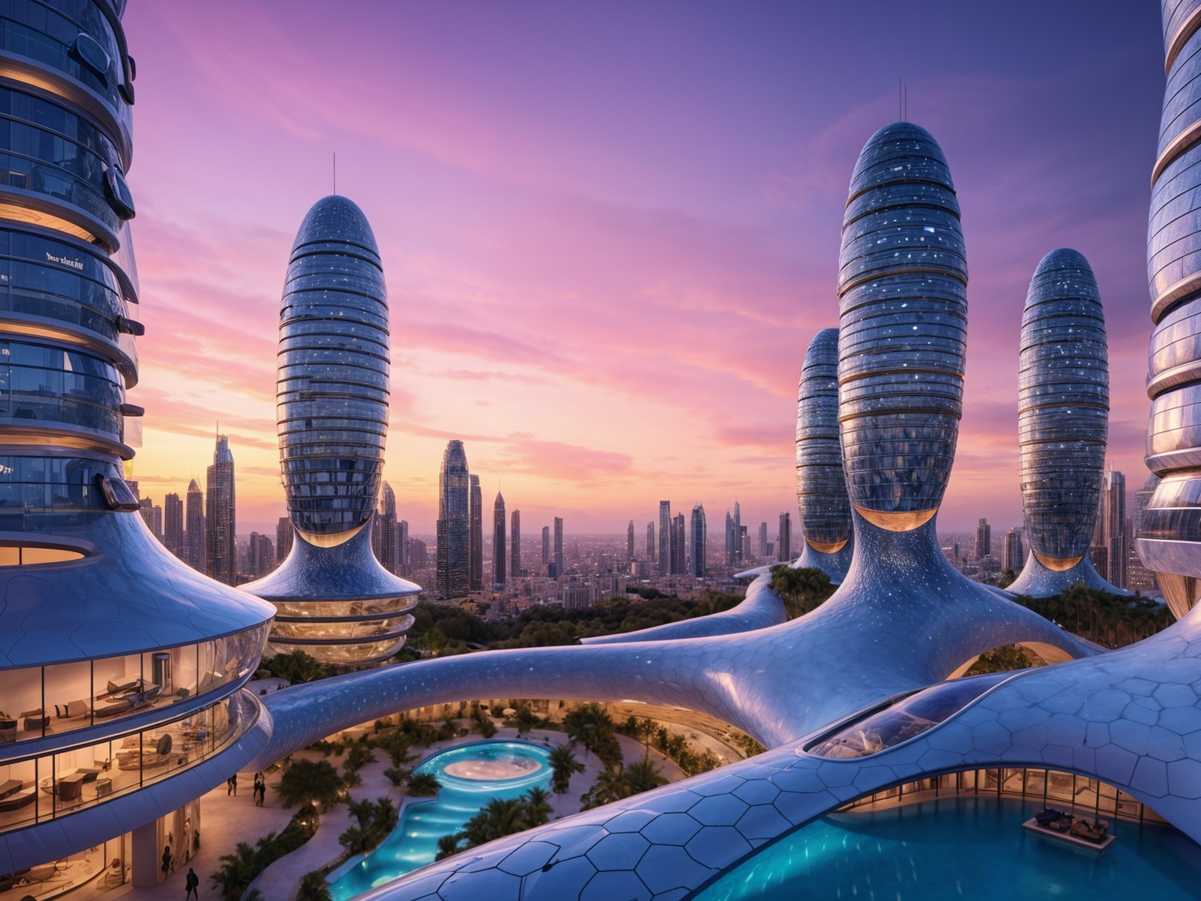 Futuristic Cityscape with Sleek Towers and Sunset